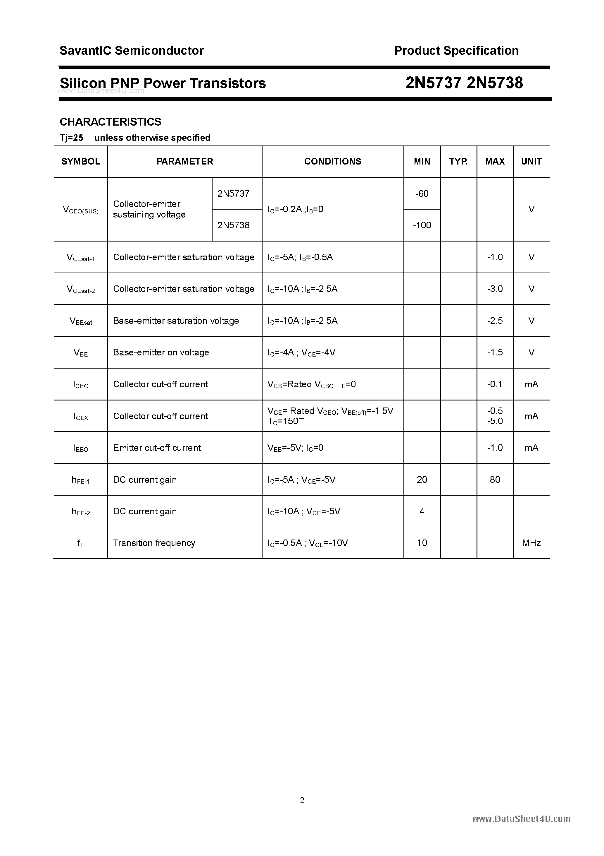 Даташит 2N5737 - (2N5737 / 2N5738) Silicon PNP Power Transistors страница 2