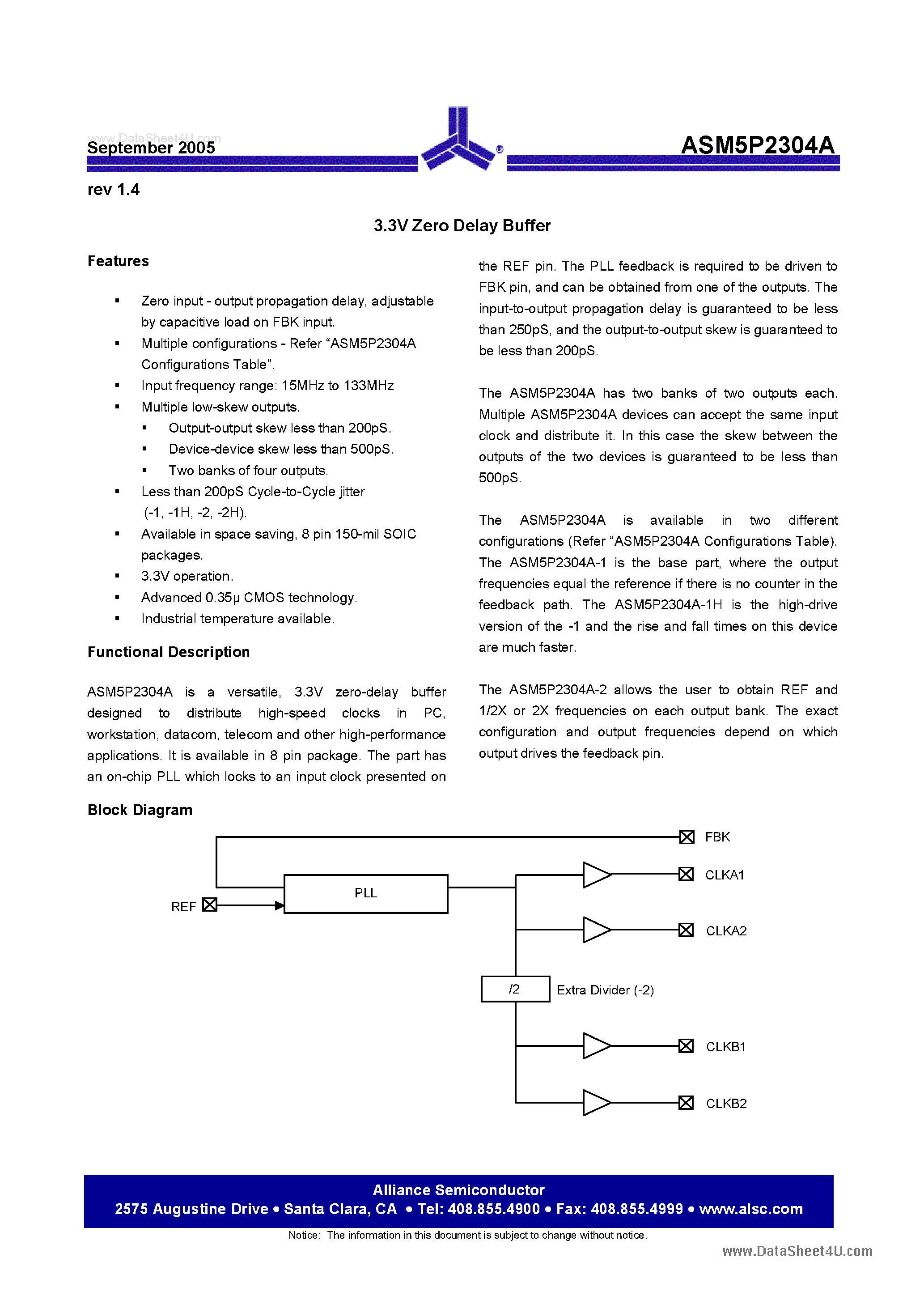 Datasheet ASM5P2304A page 1 Datasheet ASM5P2304A - 3.3V Zero Delay Buffer page 1
