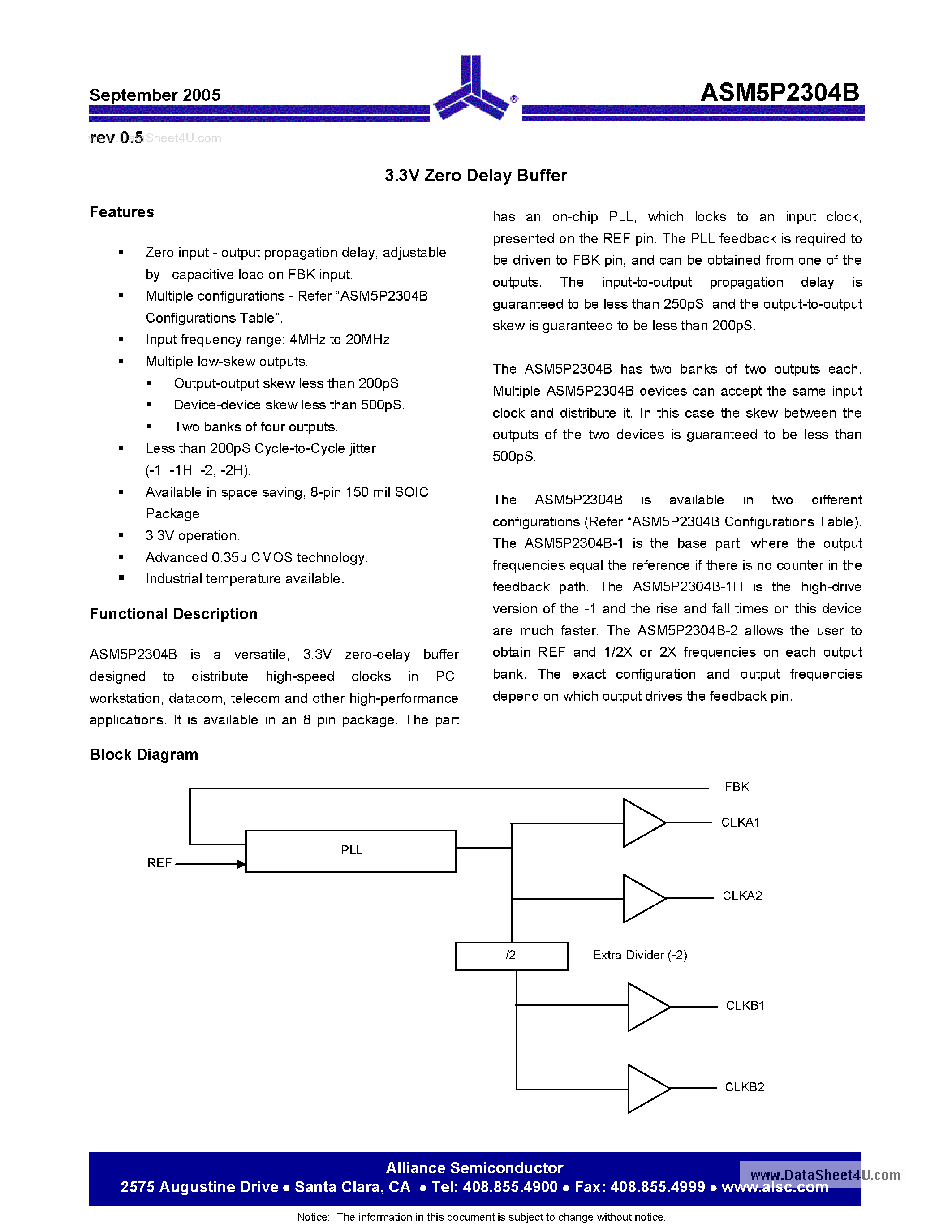 Datasheet ASM5P2304B page 1 Datasheet ASM5P2304B - 3.3V Zero Delay Buffer page 1