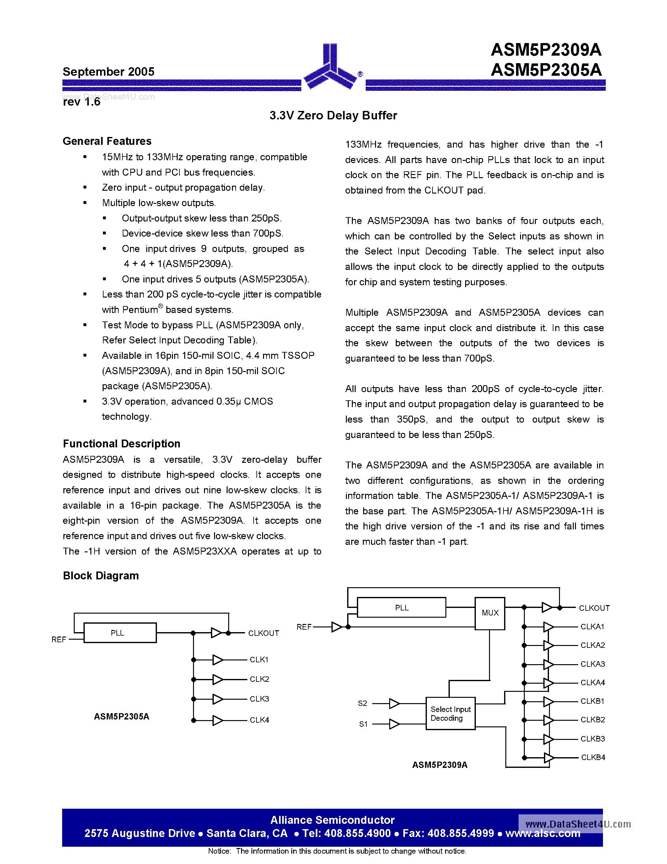 Datasheet ASM5P2305A page 1 Datasheet ASM5P2305A - (ASM5P2305A / ASM5P2309A) 3.3V Zero Delay Buffer page 1