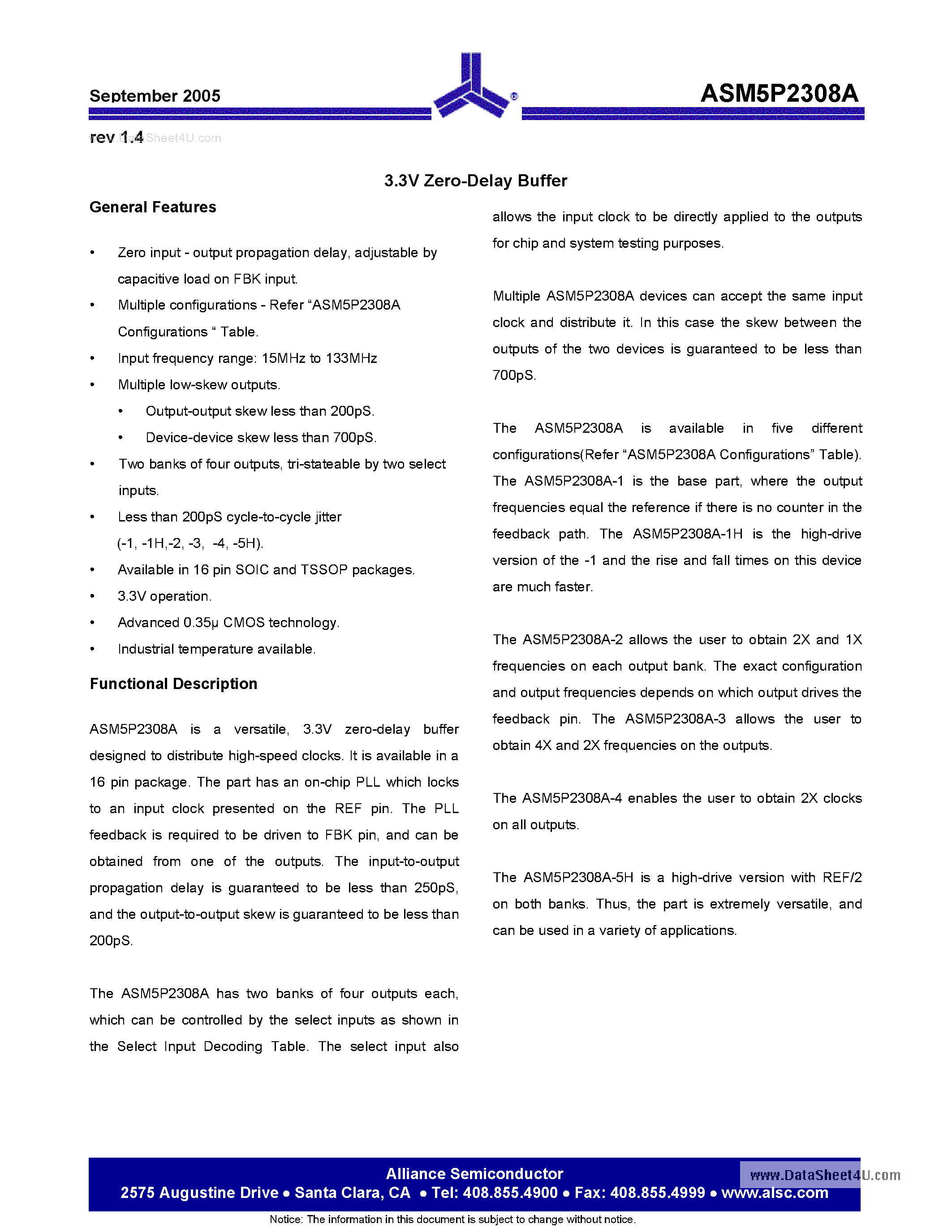 Datasheet ASM5P2308A page 1 Datasheet ASM5P2308A - 3.3V Zero Delay Buffer page 1
