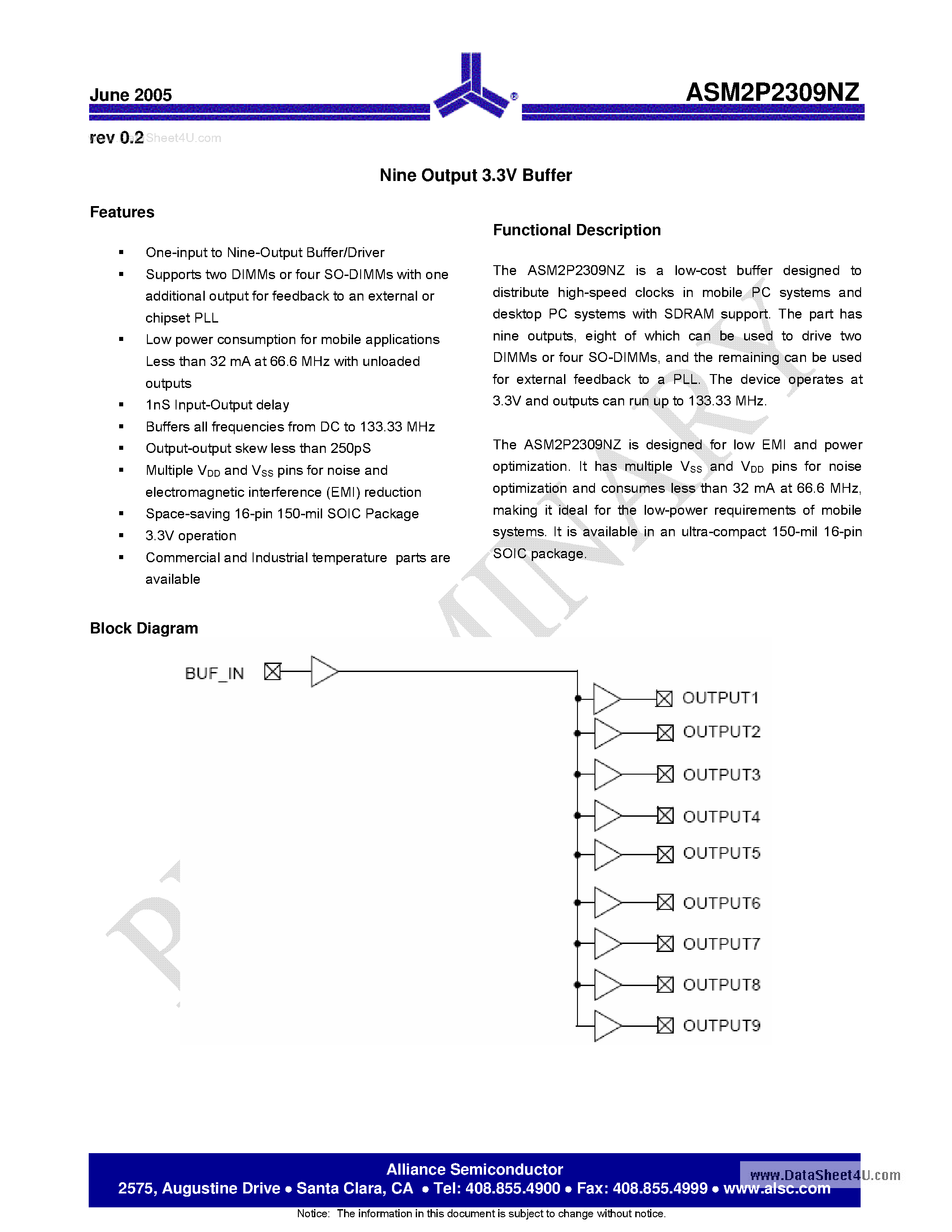 Datasheet ASM5P2309NZ - Nine Output 3.3V Buffer page 1