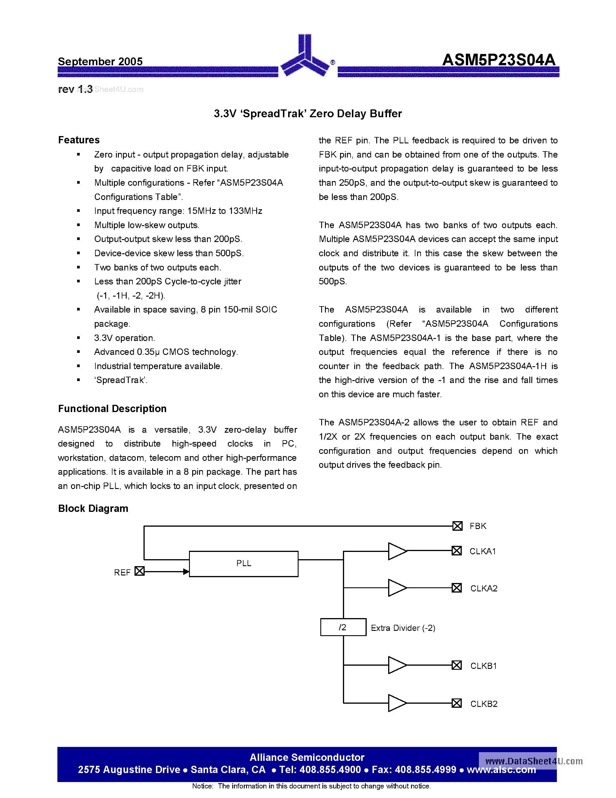 Даташит на микросхему ASM5P23S04A страница 1 Даташит ASM5P23S04A - 3.3V SpreadTrak Zero Delay Buffer страница 1