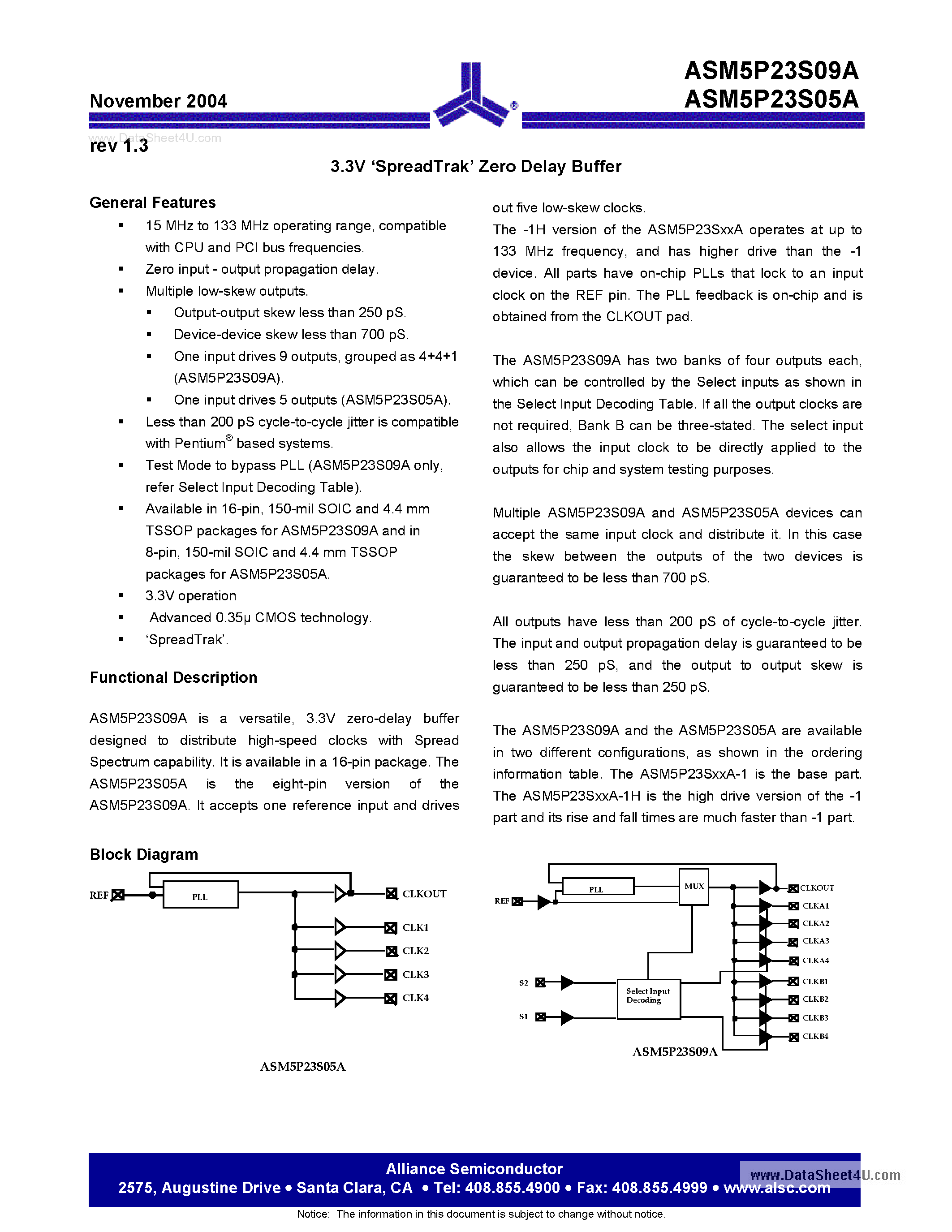 Datasheet ASM5P23S05A page 1 Datasheet ASM5P23S05A - (ASM5P23S05A / ASM5P23S09A) 3.3V SpreadTrak Zero Delay Buffer page 1