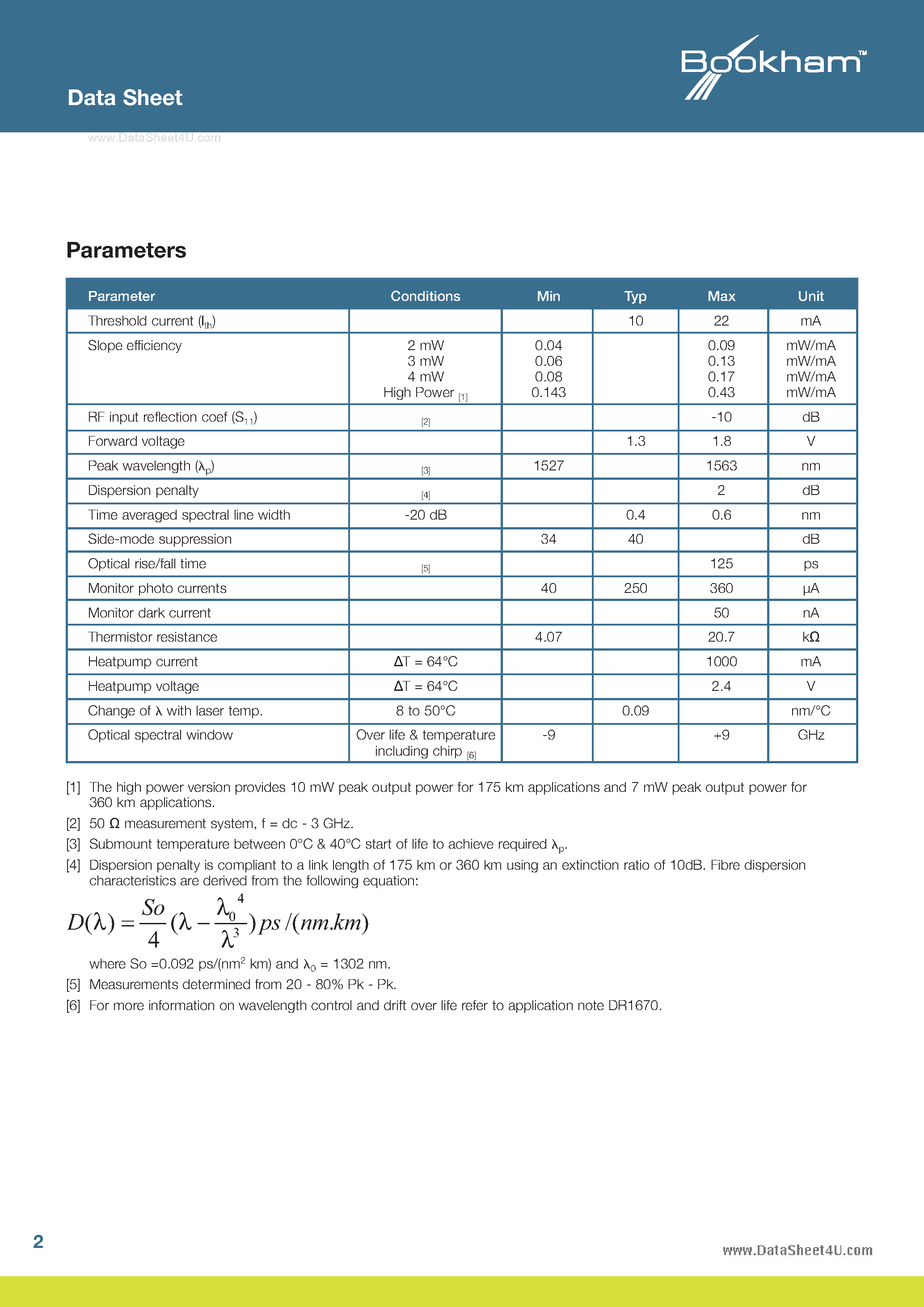 Datasheet LC25ET page 2 Datasheet LC25ET - 2.5 Gb/s Buried Het 4x100GHz Tunable Laser page 2