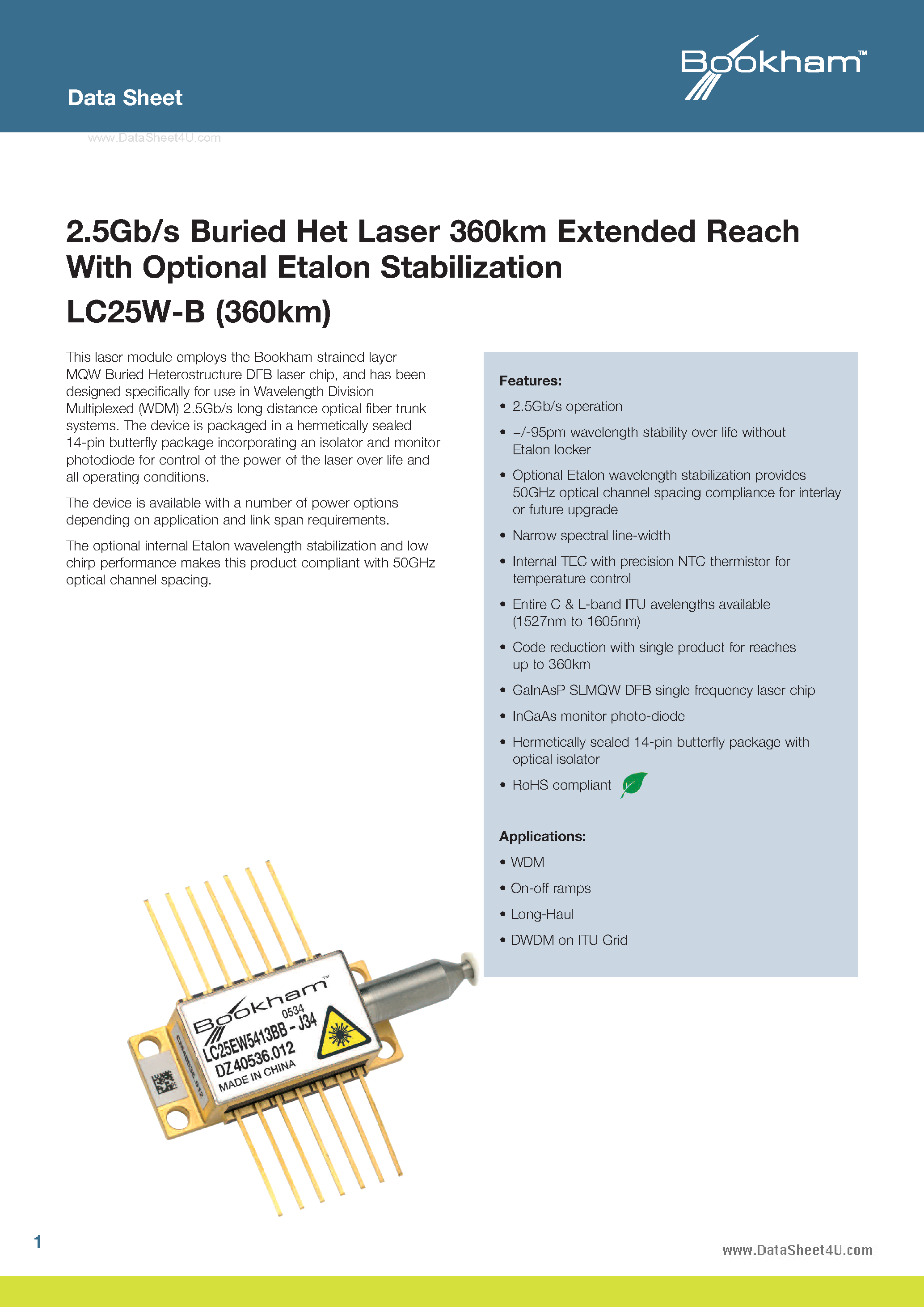 Datasheet LC25W-B page 1 Datasheet LC25W-B - 2.5Gb/s Buried Het Laser 360km Reach page 1