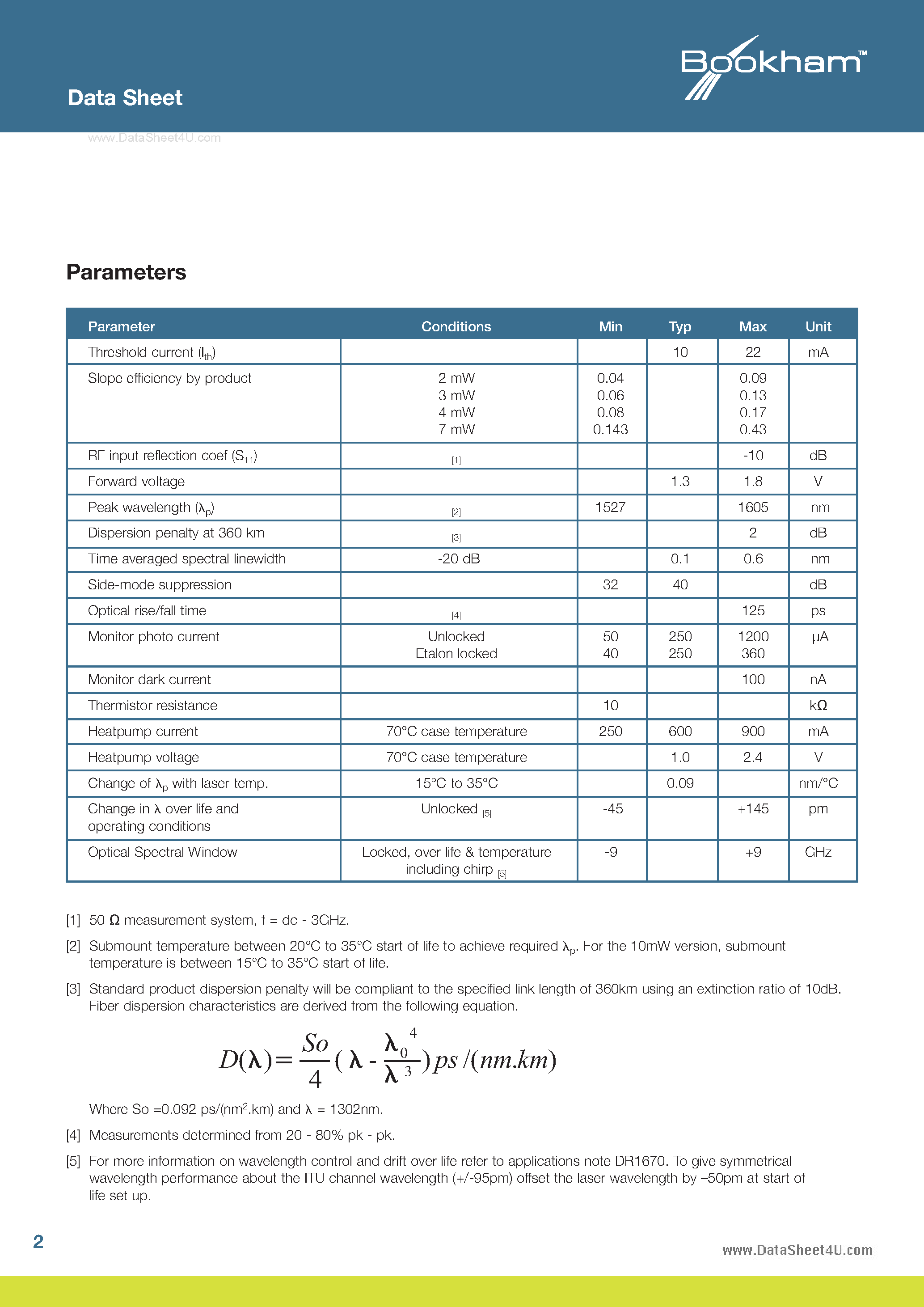 Datasheet LC25W-B page 2 Datasheet LC25W-B - 2.5Gb/s Buried Het Laser 360km Reach page 2