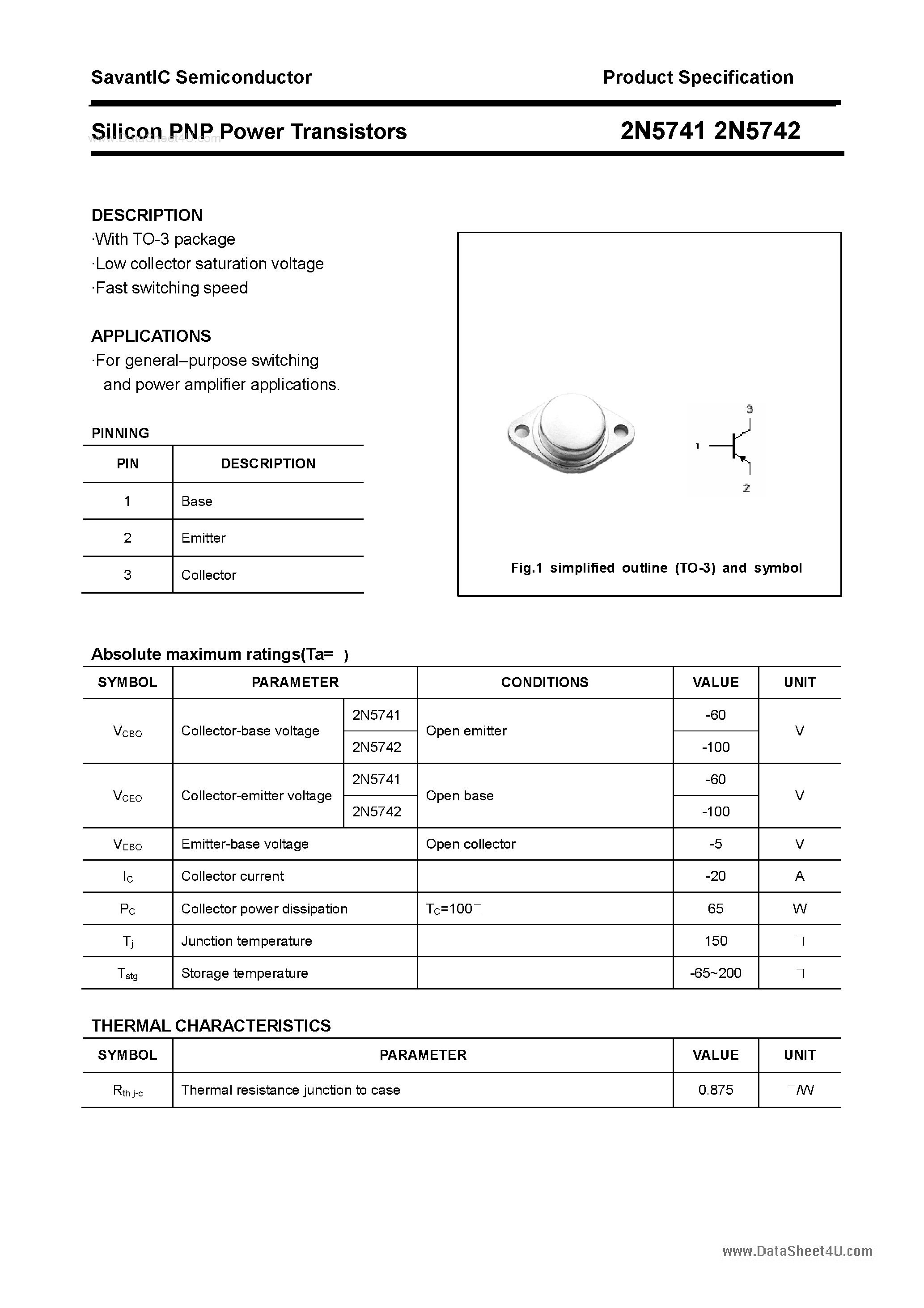 Даташит 2N5741 - (2N5741 / 2N5742) Silicon PNP Power Transistors страница 1