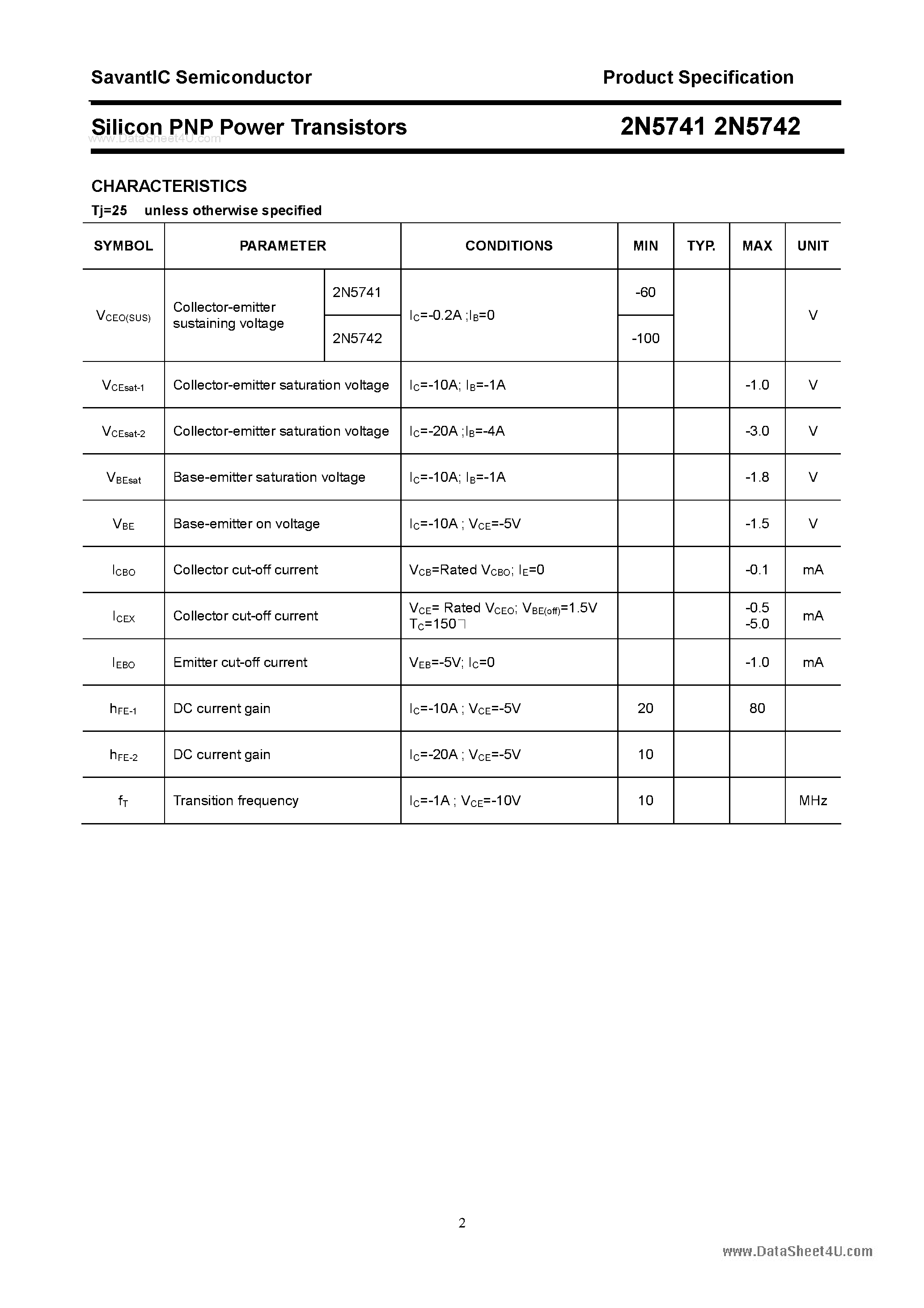 Даташит 2N5741 - (2N5741 / 2N5742) Silicon PNP Power Transistors страница 2
