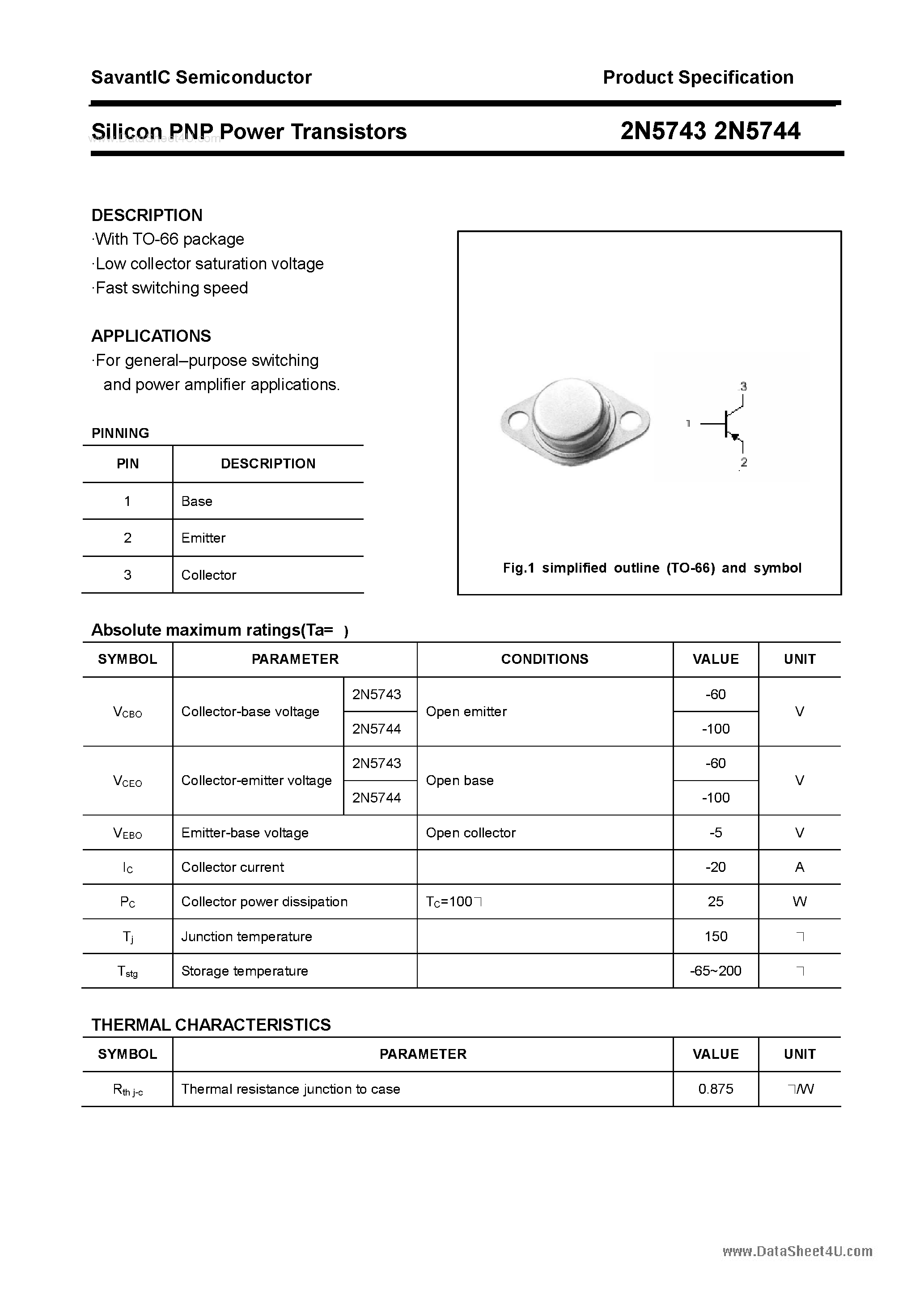 Даташит 2N5743 - (2N5743 / 2N5744) Silicon PNP Power Transistors страница 1