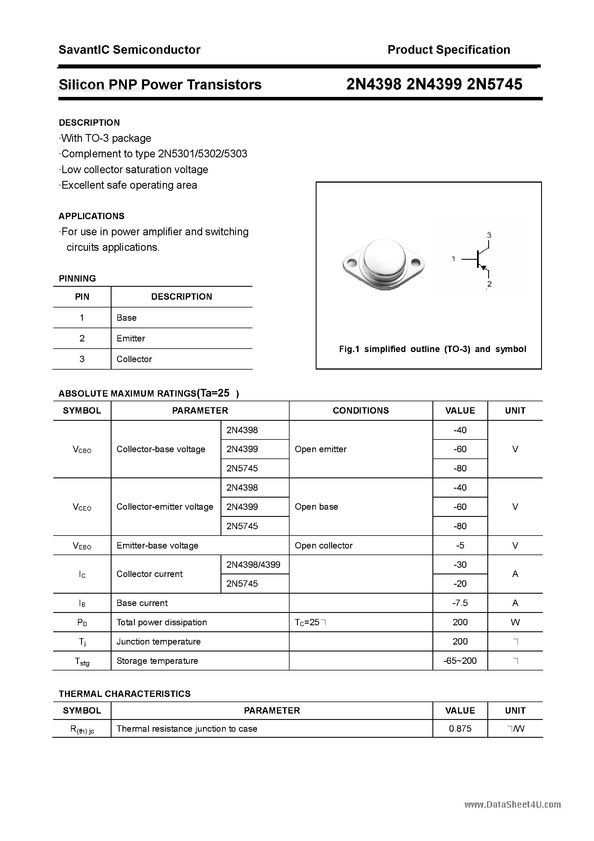 Даташит 2N5745 - Silicon PNP Power Transistors страница 1
