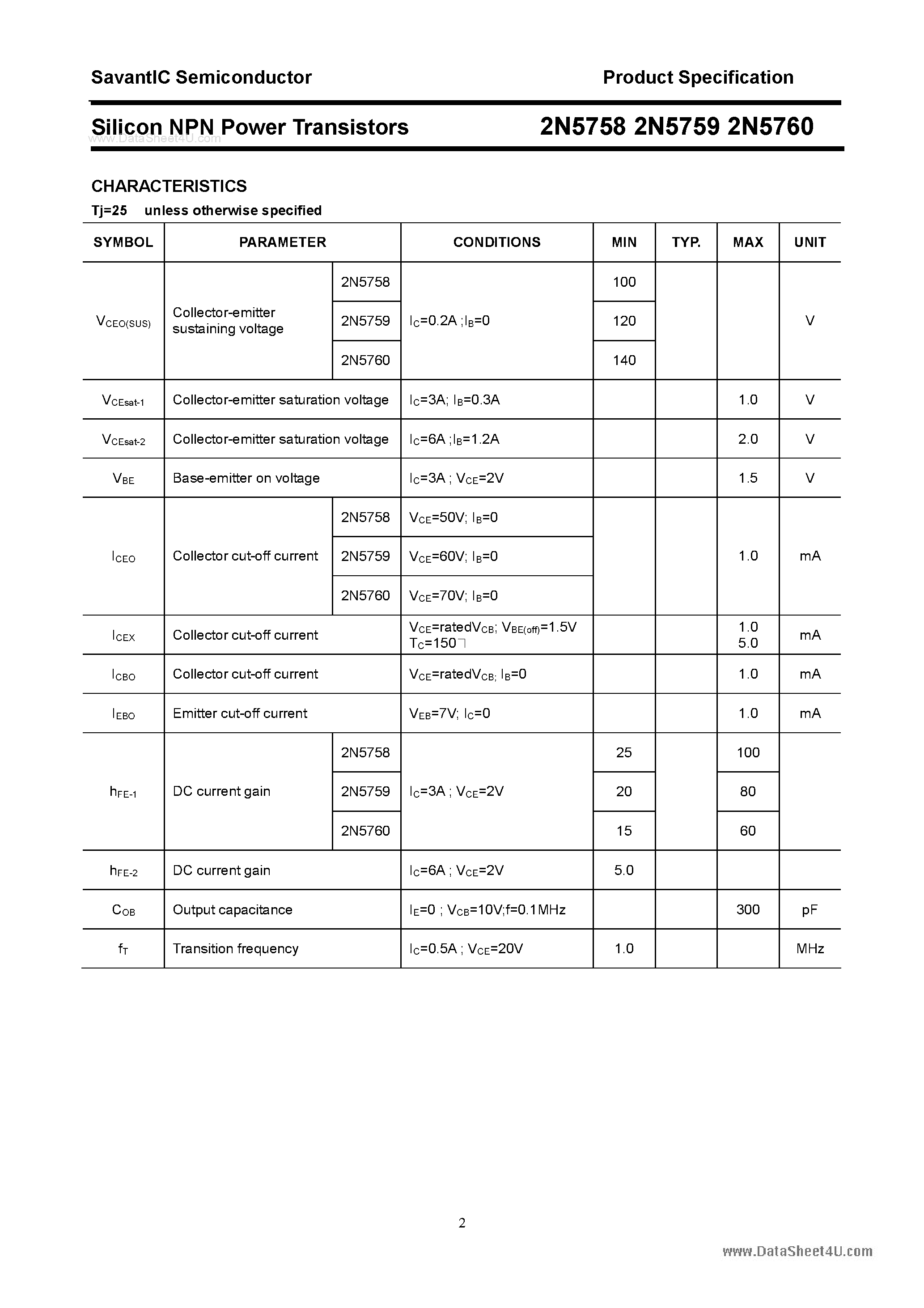 Даташит 2N5758 - (2N5758 - 2N5760) Silicon NPN Power Transistors страница 2