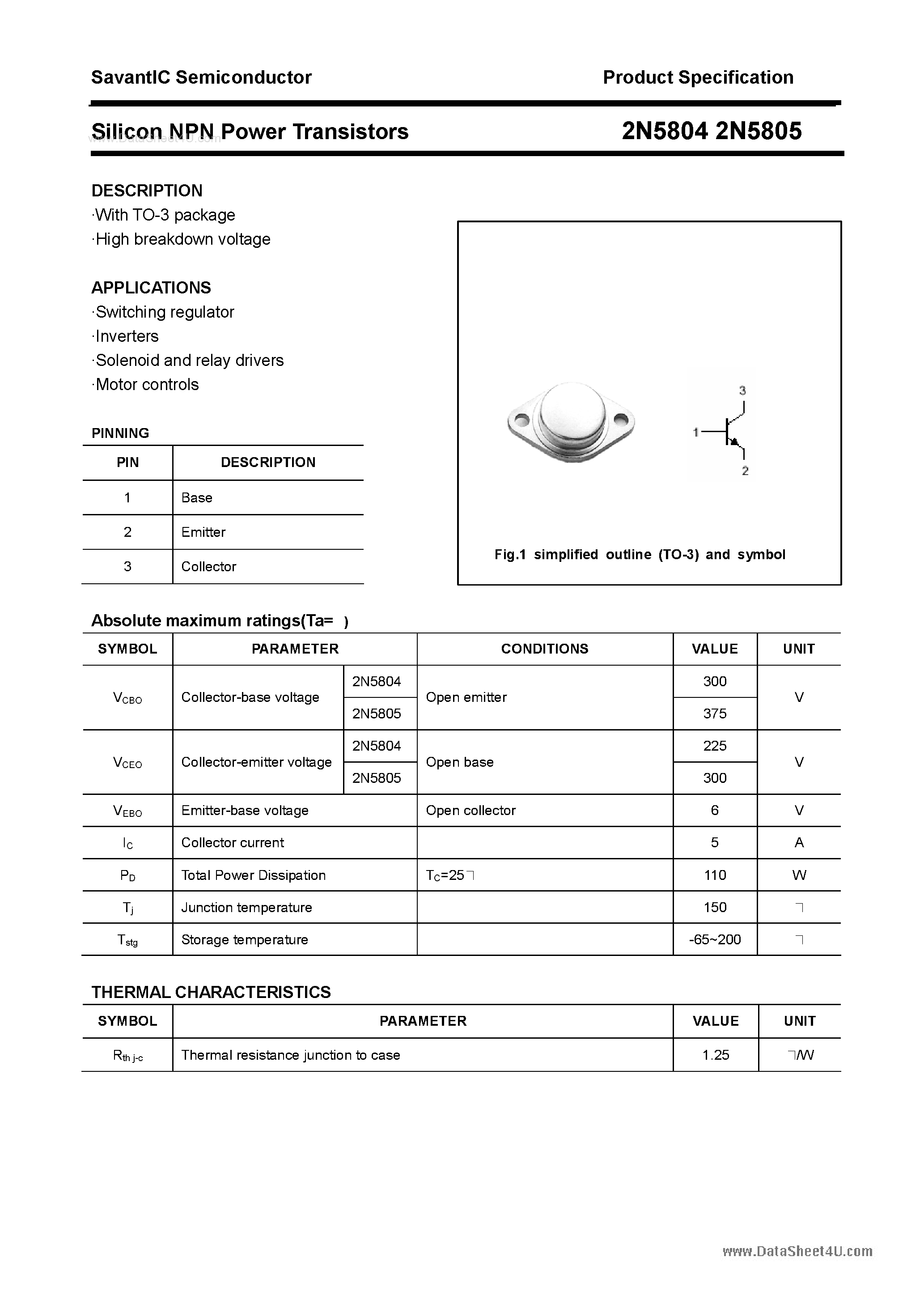 Даташит 2N5804 - (2N5804 / 2N5805) Silicon NPN Power Transistors страница 1