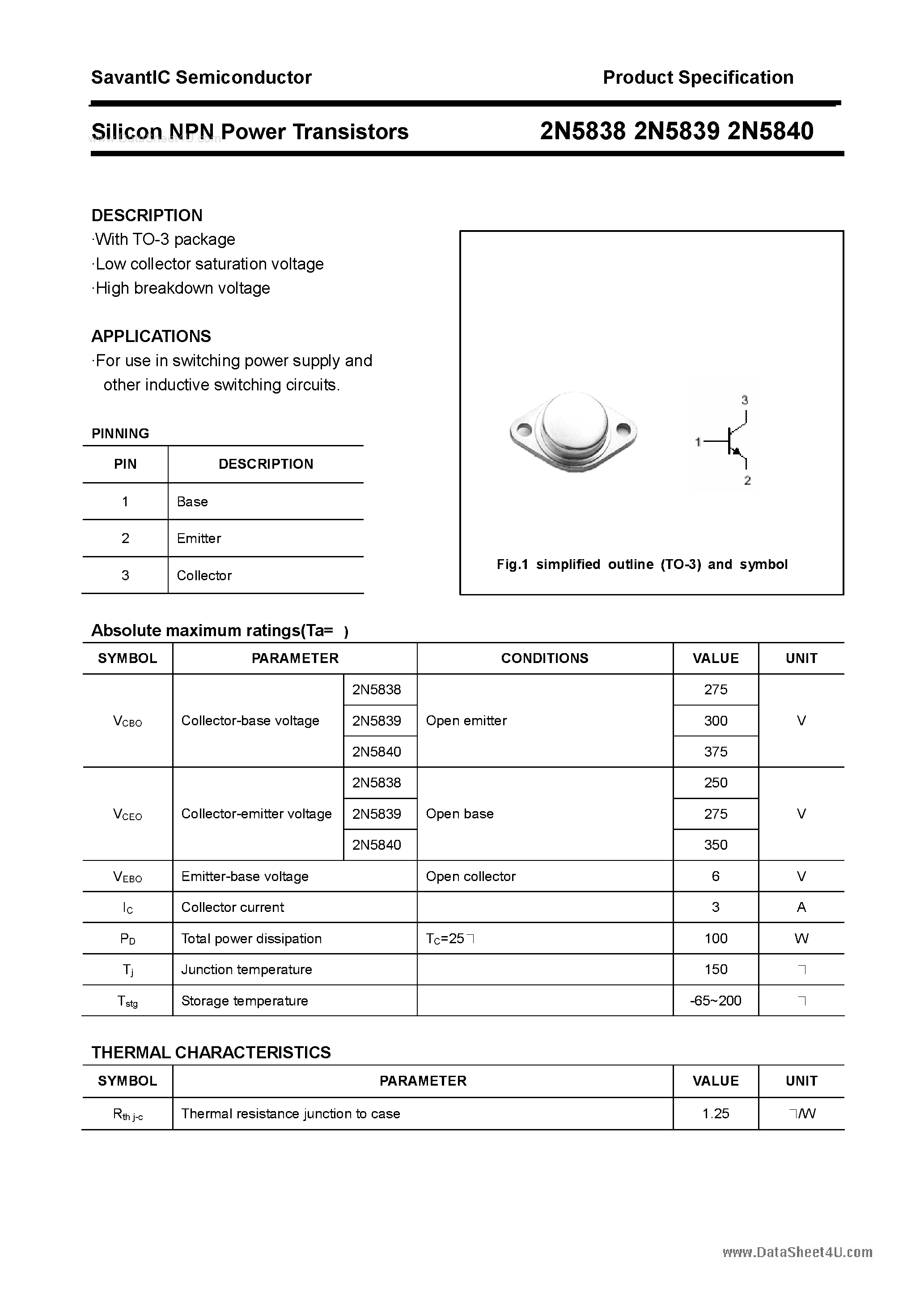 Даташит 2N5838 - (2N5838 - 2N5840) Silicon NPN Power Transistors страница 1