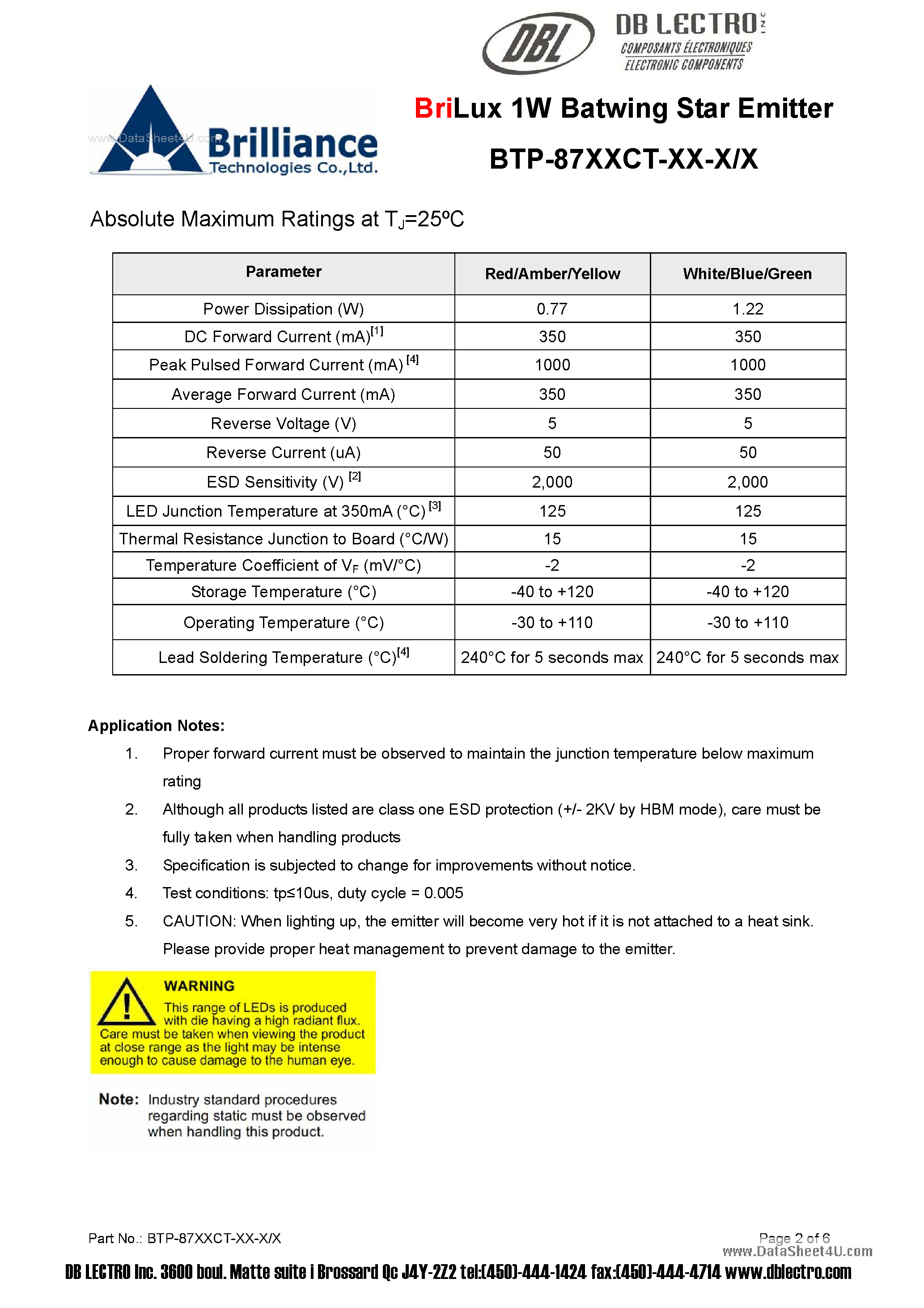 Даташит на микросхему BTP-87XXCT-XX-X страница 2 Даташит BTP-87XXCT-XX-X - BriLux 1W Star Emitter страница 2