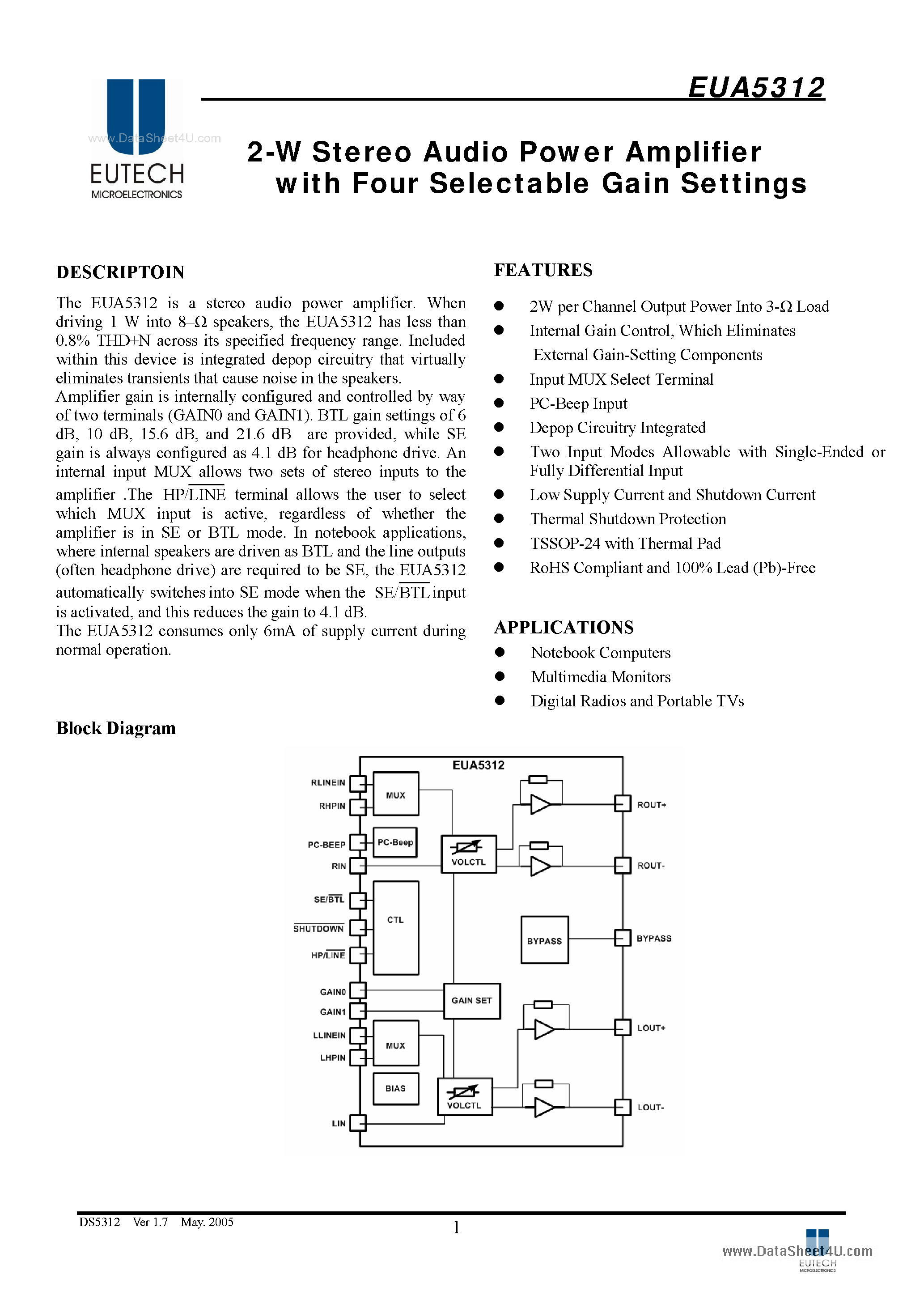 Datasheet EUA5312 page 1 Datasheet EUA5312 - 2-W Stereo Audio Power Amplifier page 1