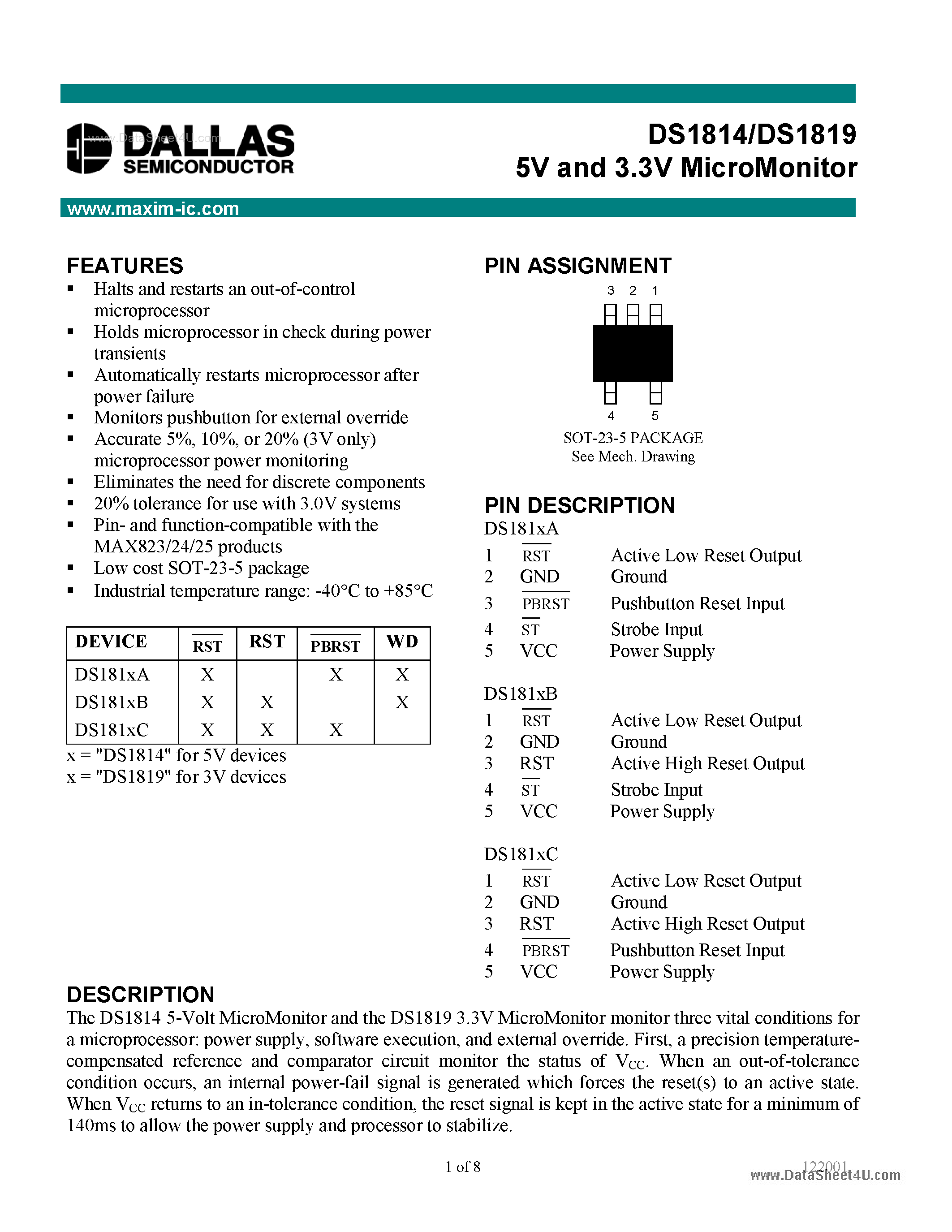 Datasheet DS1814 - (DS1814 / DS1819) 5V and 3.3V MicroMonitor page 1