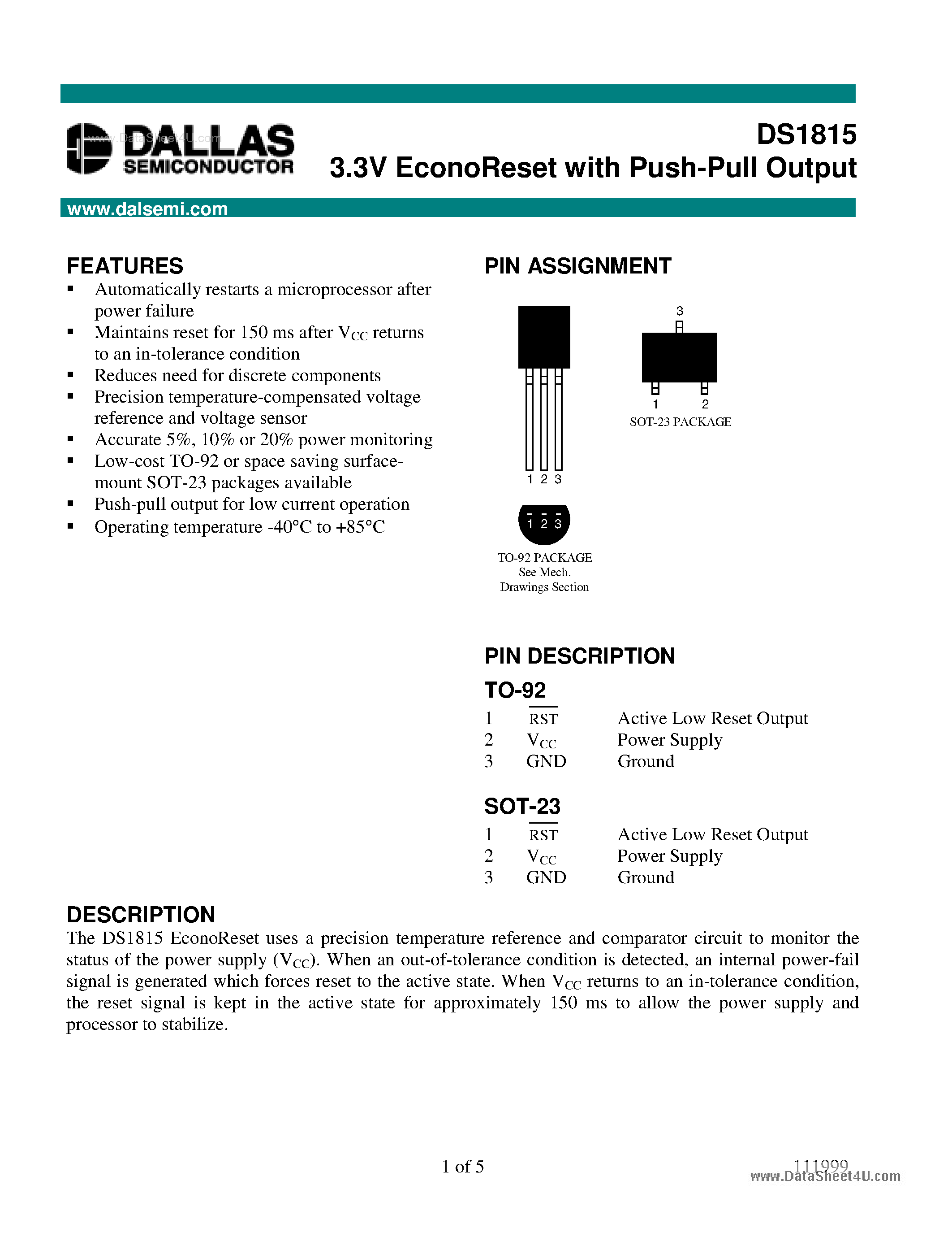 Datasheet DS1815 page 1 Datasheet DS1815 - 3.3V EconoReset page 1