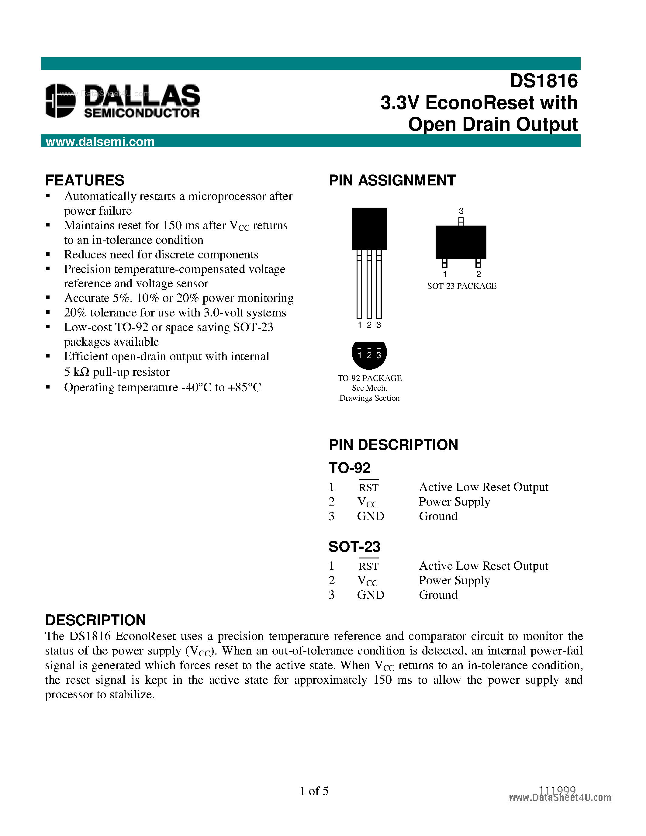 Datasheet DS1816 page 1 Datasheet DS1816 - 3.3V EconoReset page 1