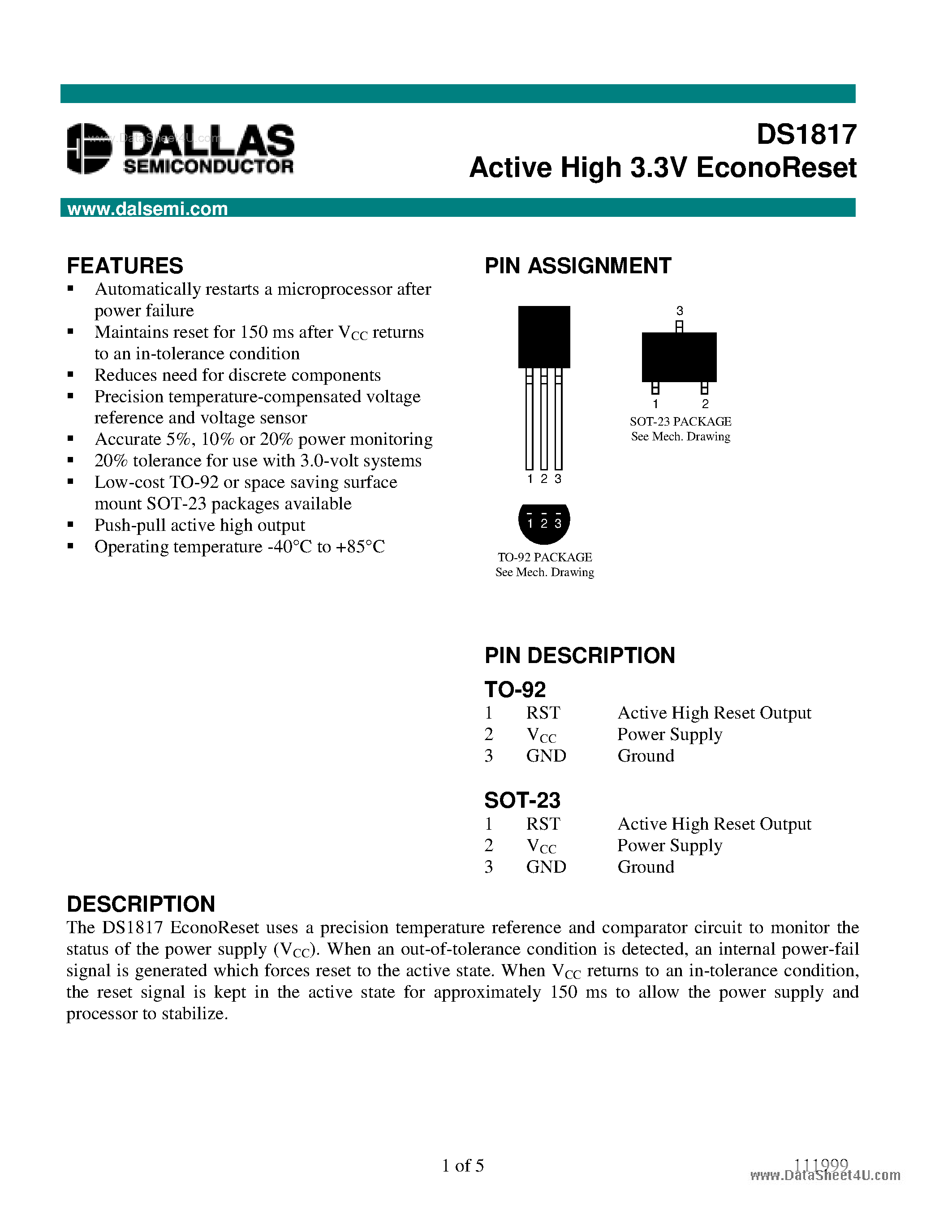 Даташит DS1817 - Active High 3.3V EconoReset страница 1