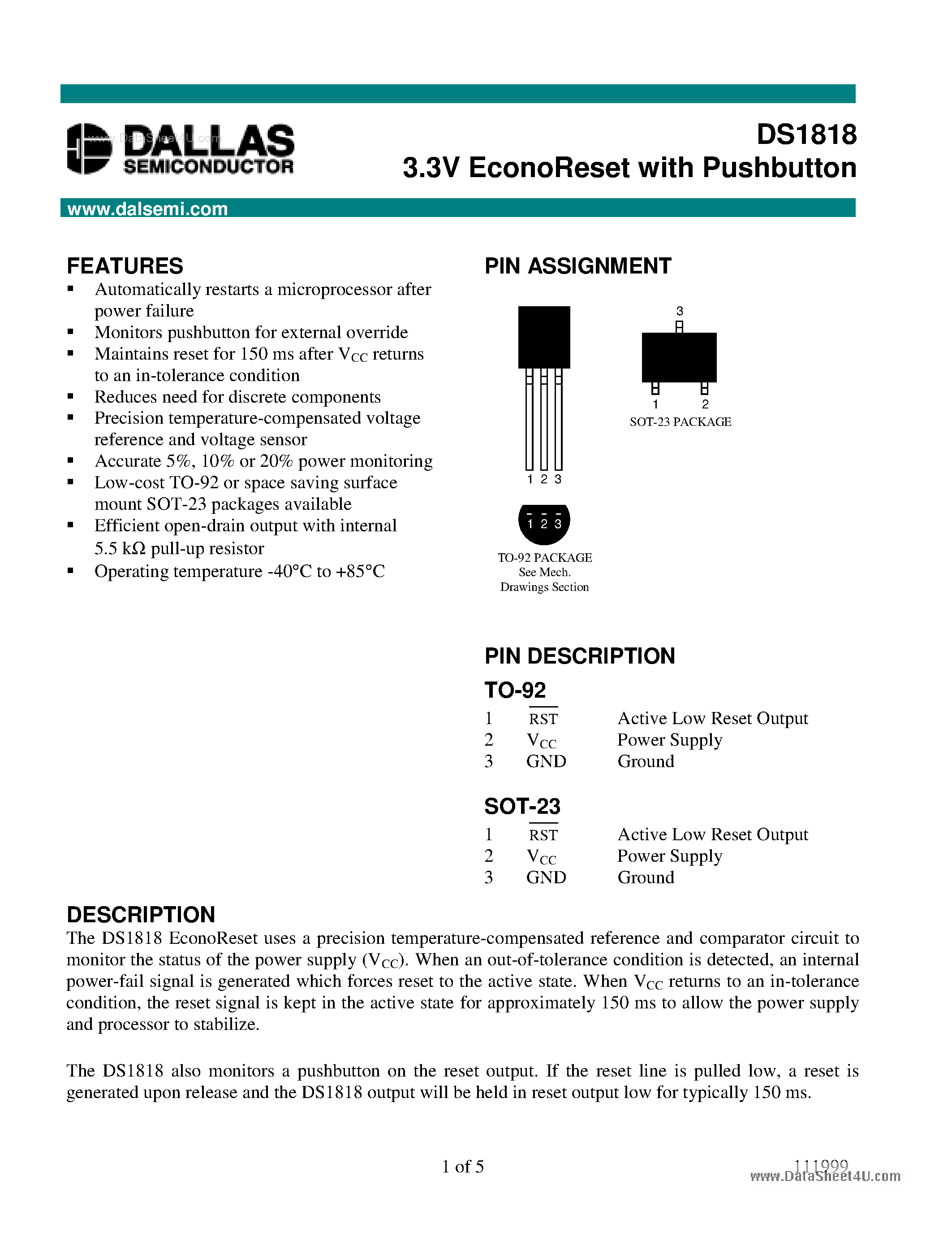 Datasheet DS1818 page 1 Datasheet DS1818 - 3.3V EconoReset page 1