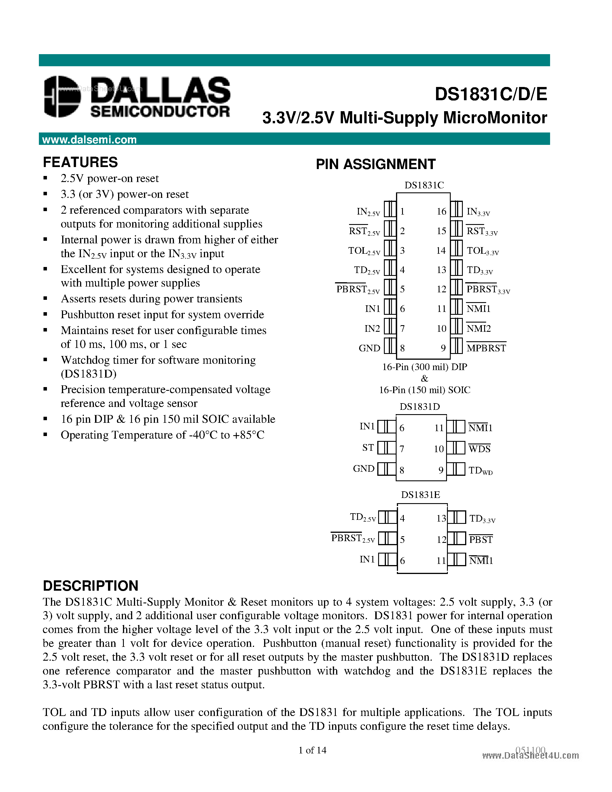 Datasheet DS1831C page 1 Datasheet DS1831C - 3.3V/2.5V Multi-Supply MicroMonitor page 1