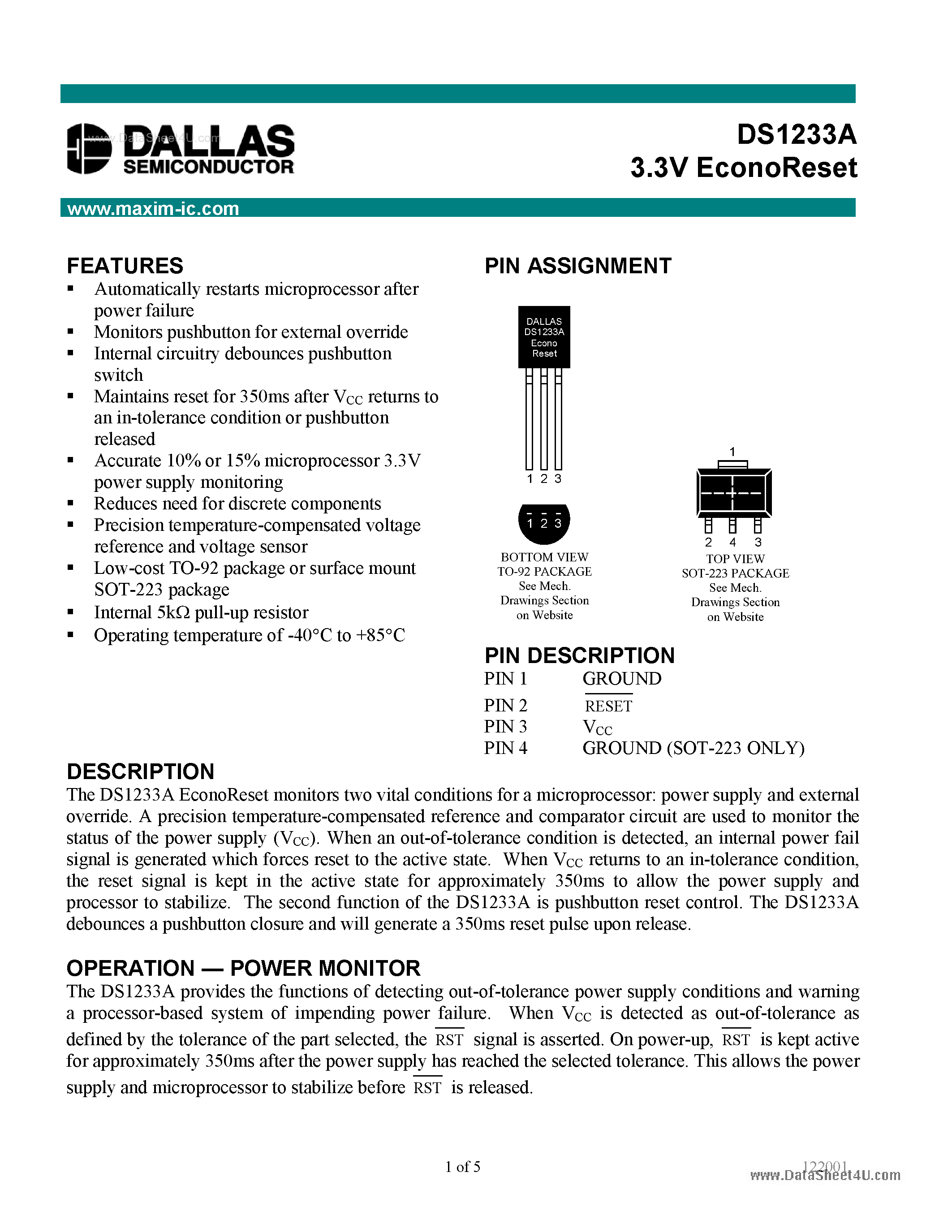 Datasheet DS1833A page 1 Datasheet DS1833A - 3.3V EconoReset page 1