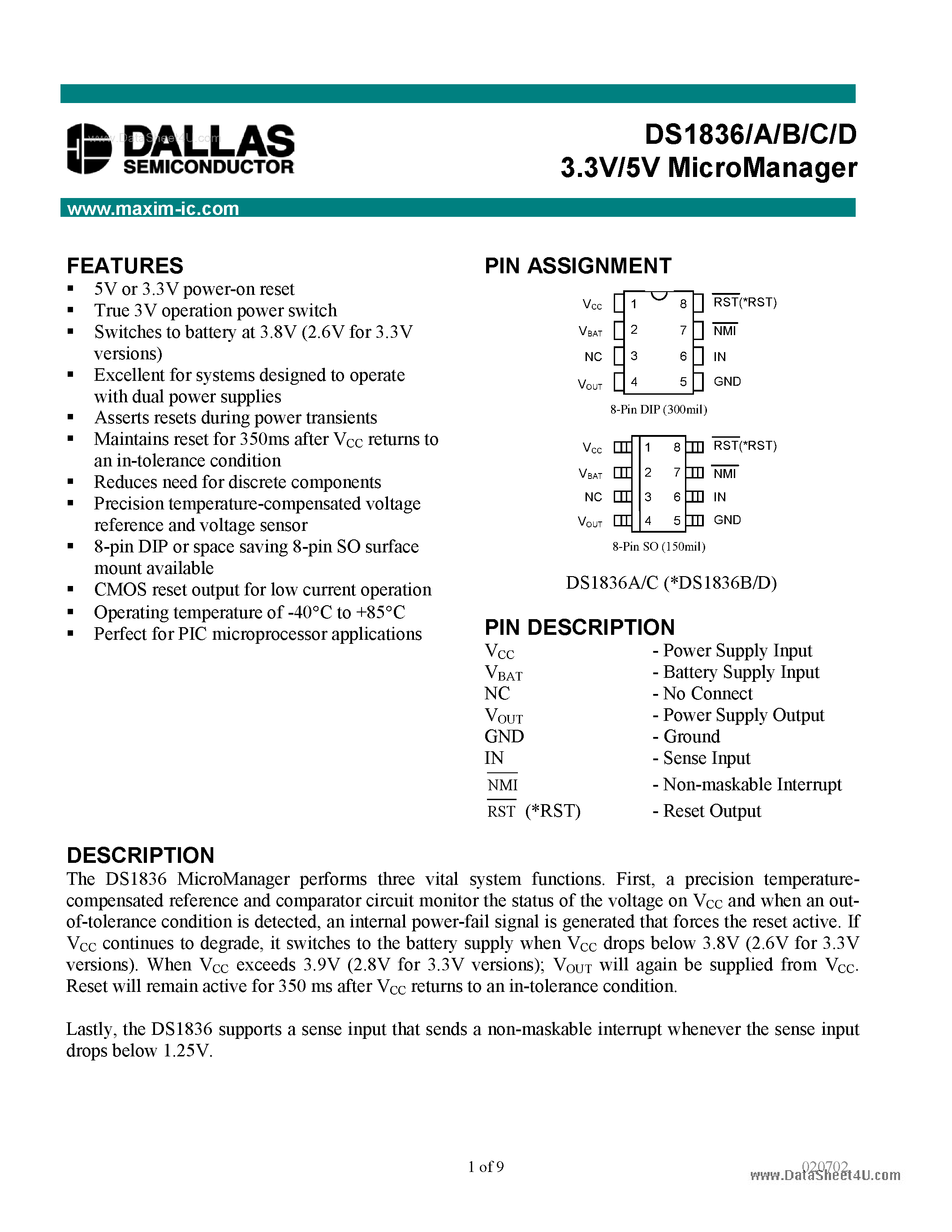 Datasheet DS1836 page 1 Datasheet DS1836 - 3.3V/5V MicroManager page 1
