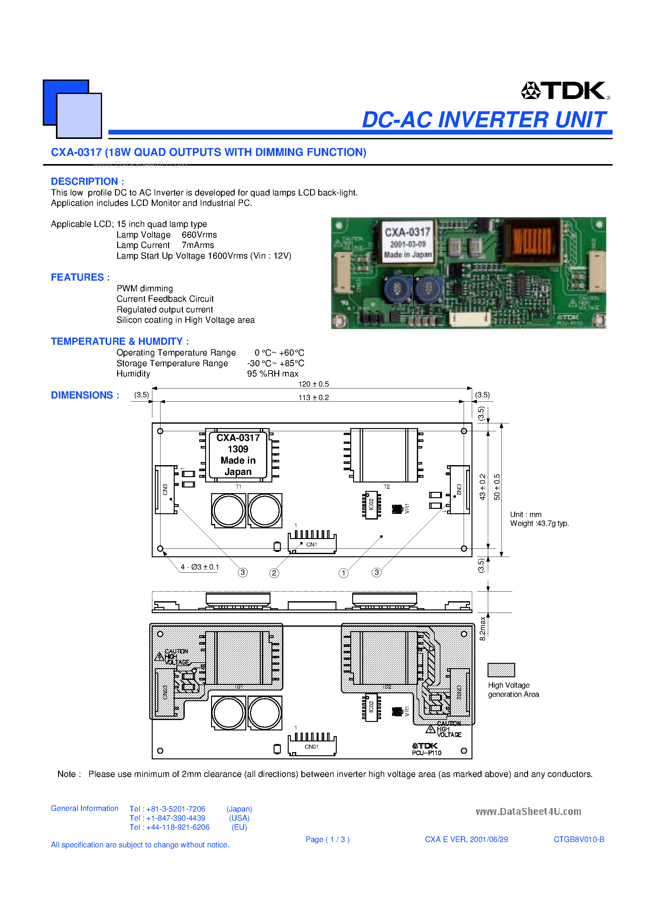 Datasheet CXA-0317 page 1 Datasheet CXA-0317 - 18W QUAD OUTPUTS page 1