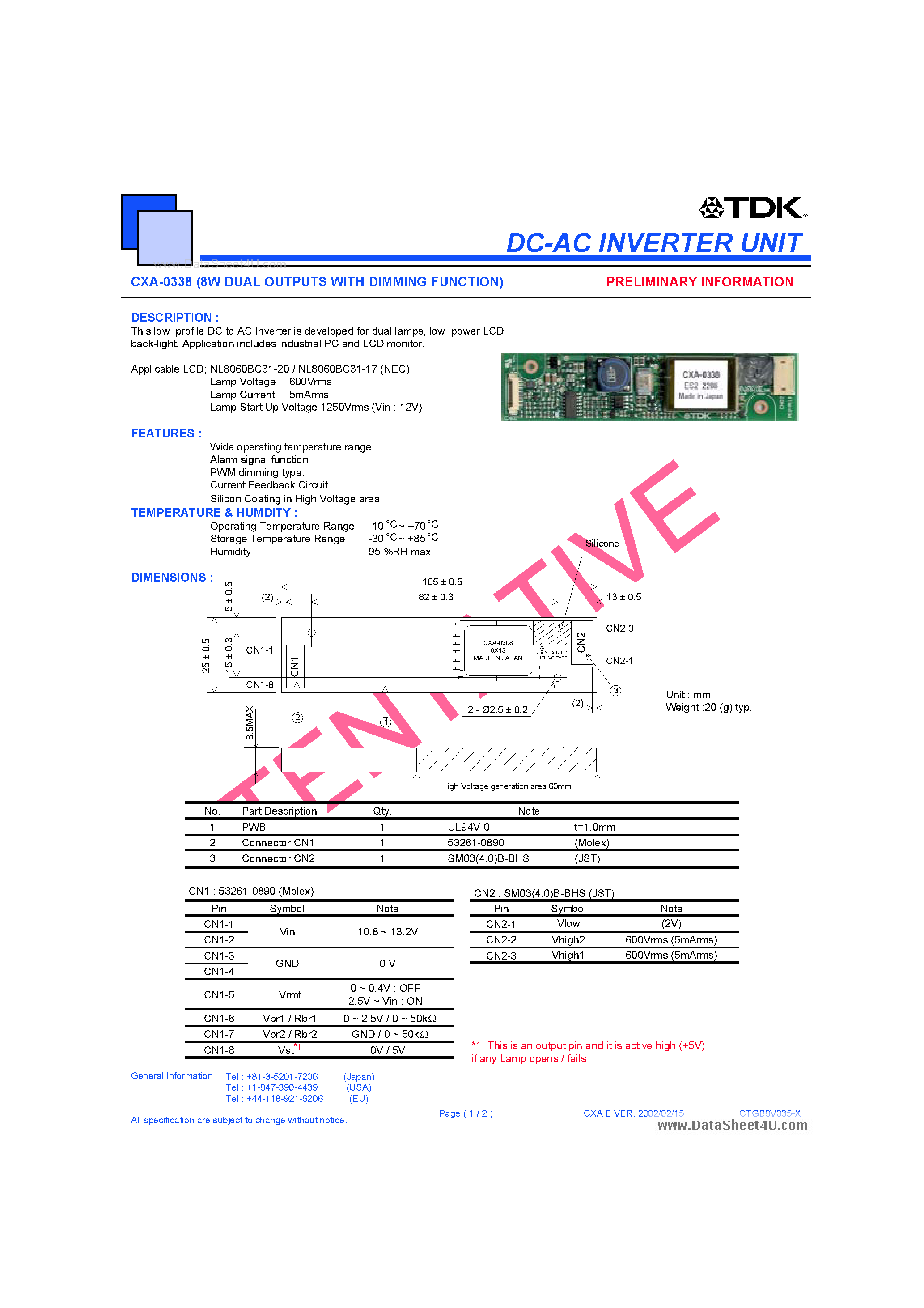 Datasheet CXA-0338 page 1 Datasheet CXA-0338 - 8W DUAL OUTPUTS page 1