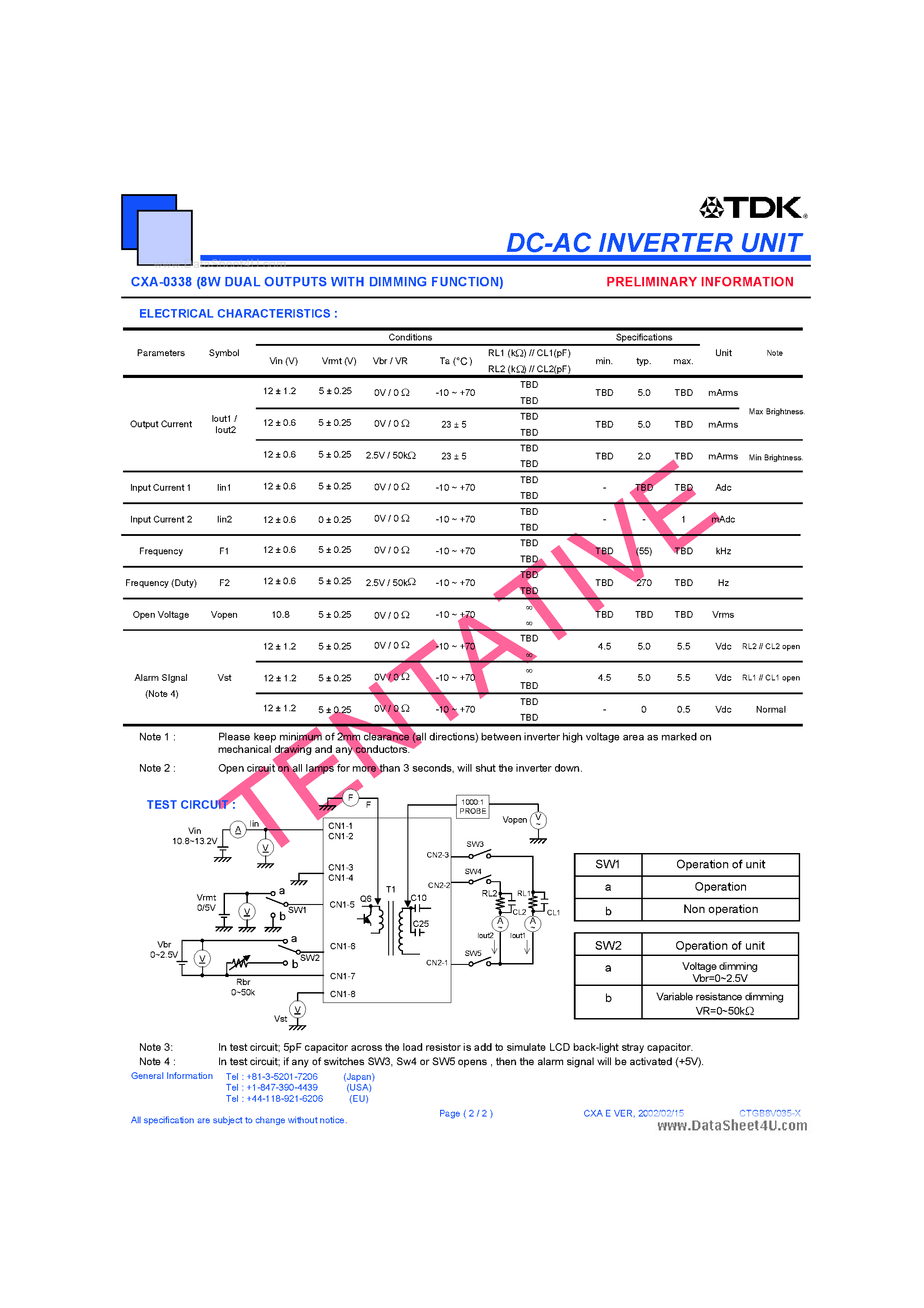 Datasheet CXA-0338 page 2 Datasheet CXA-0338 - 8W DUAL OUTPUTS page 2