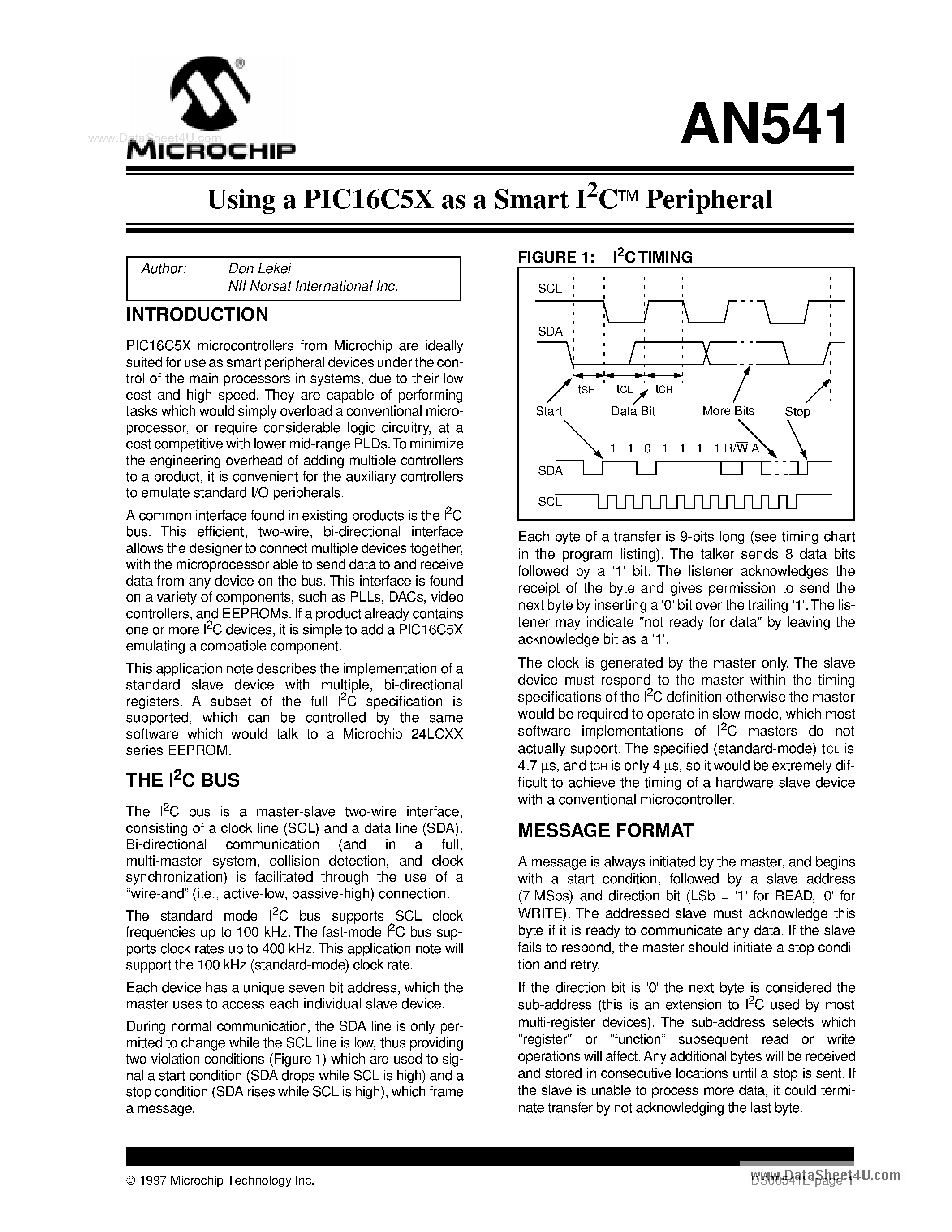 Datasheet AN541 - Using PIC16C5x as a Smart IIC Peripheral page 1