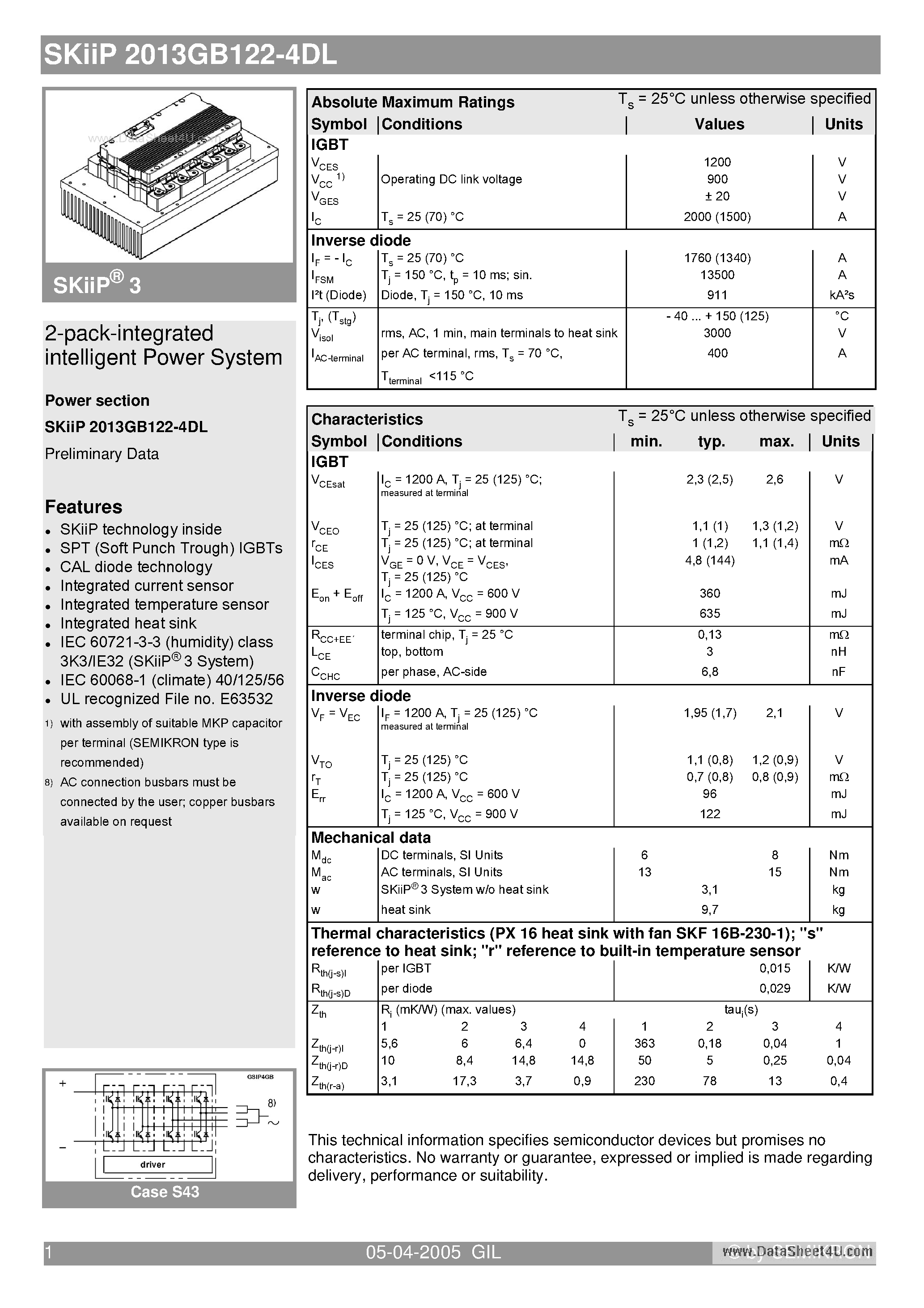 Datasheet SKIIP2013GB122-4DL - 2-pack-integrated intelligent Power System page 1