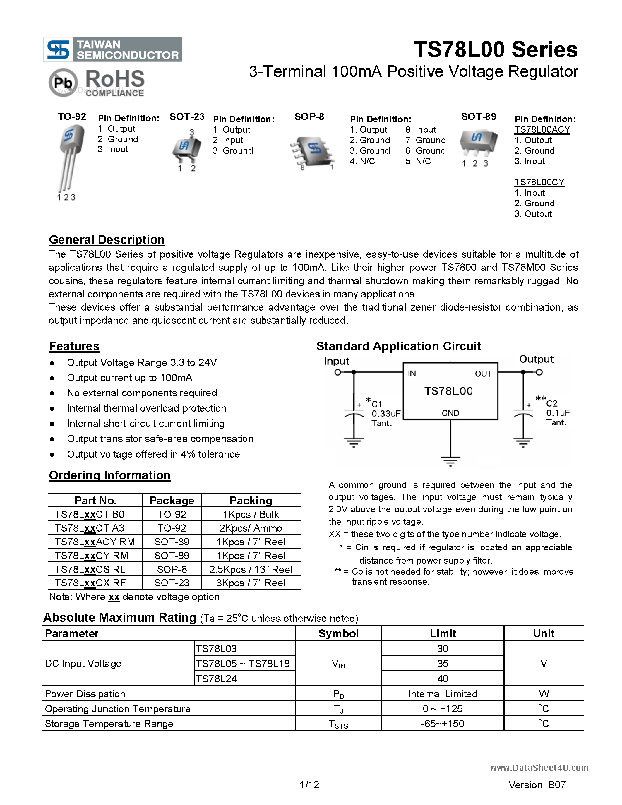 Datasheet TS78L00 - 3-Terminal 100mA Positive Voltage Regulator page 1