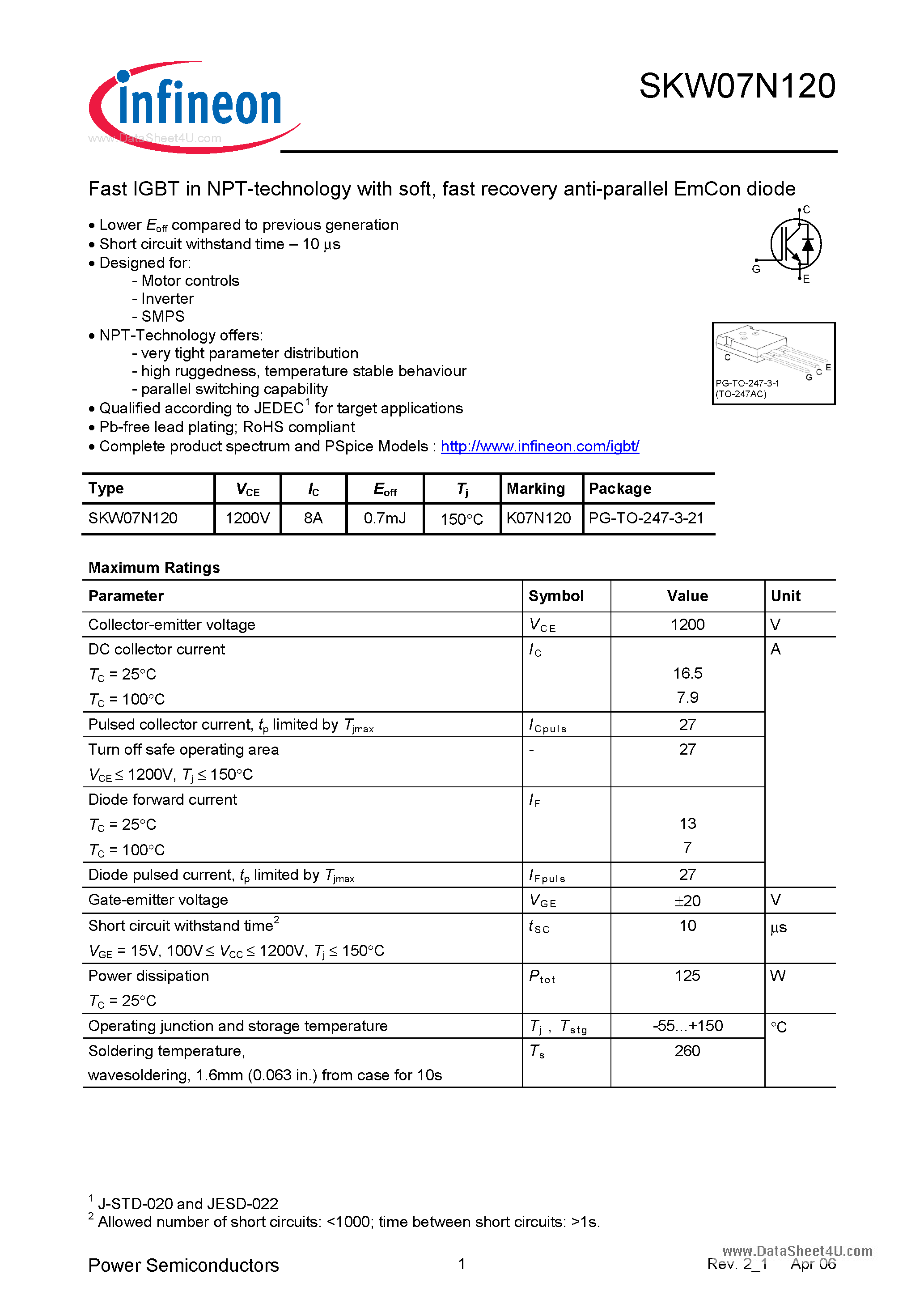 Даташит на микросхему K07N120 страница 1 Даташит K07N120 - Fast IGBT in NPT-technology страница 1