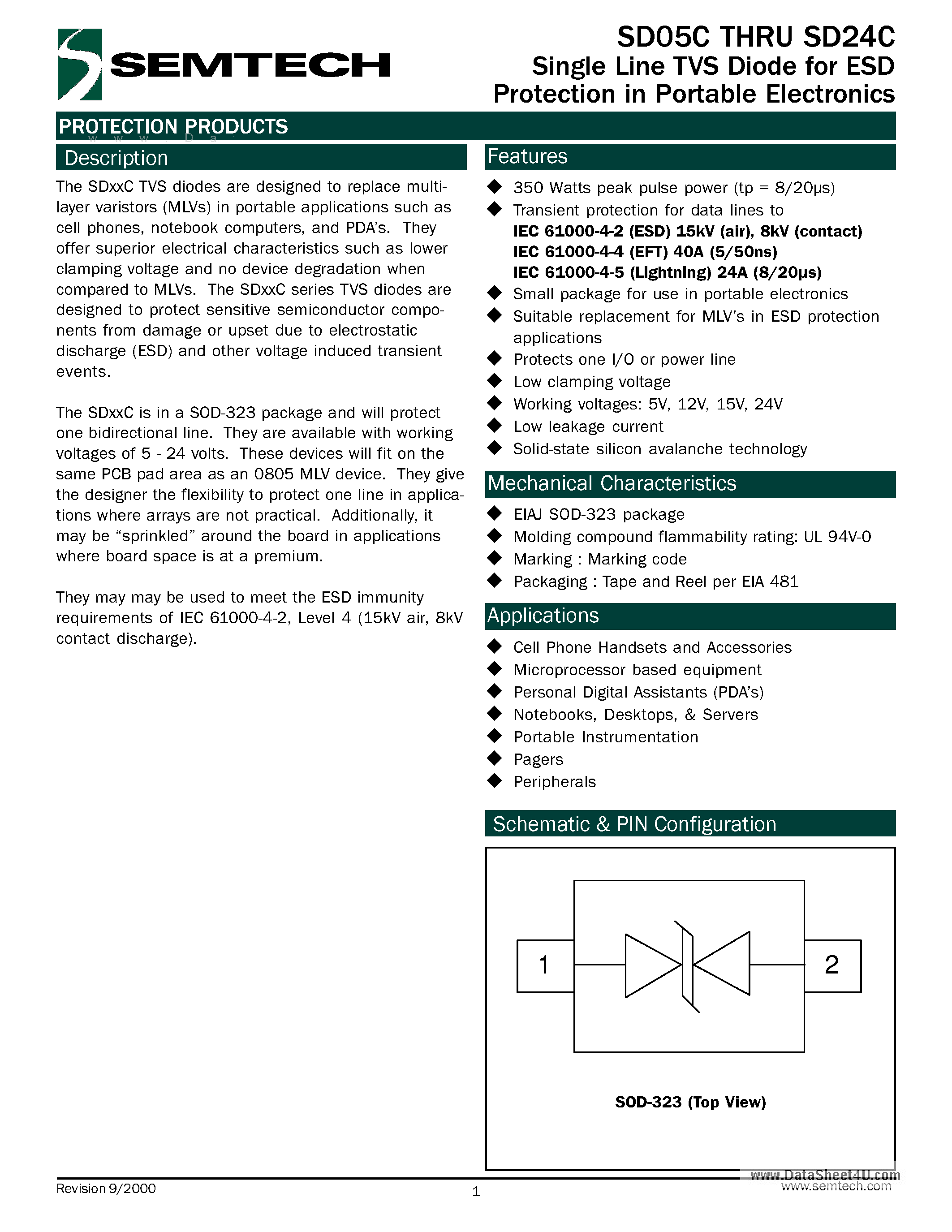 Datasheet SD24C page 1 Datasheet SD24C - Single Line TVS Diode page 1
