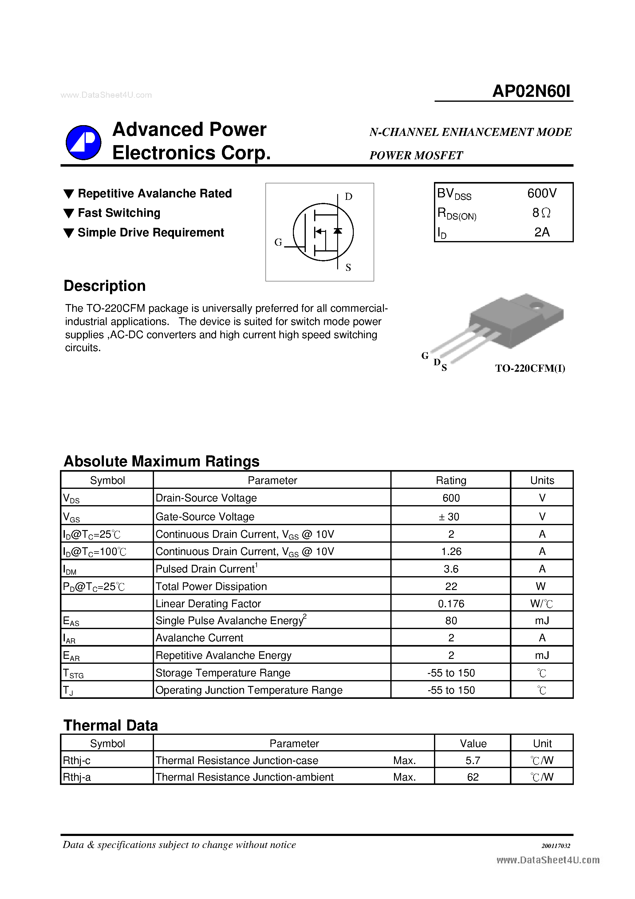 Datasheet AP02N60I - N-CHANNEL ENHANCEMENT MODE POWER MOSFET page 1