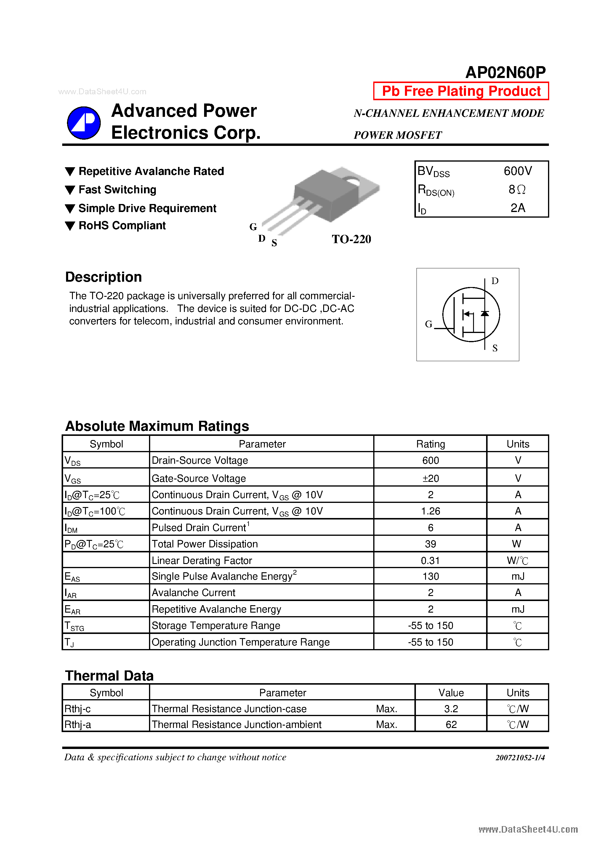 Datasheet AP02N60P - N-CHANNEL ENHANCEMENT MODE POWER MOSFET page 1