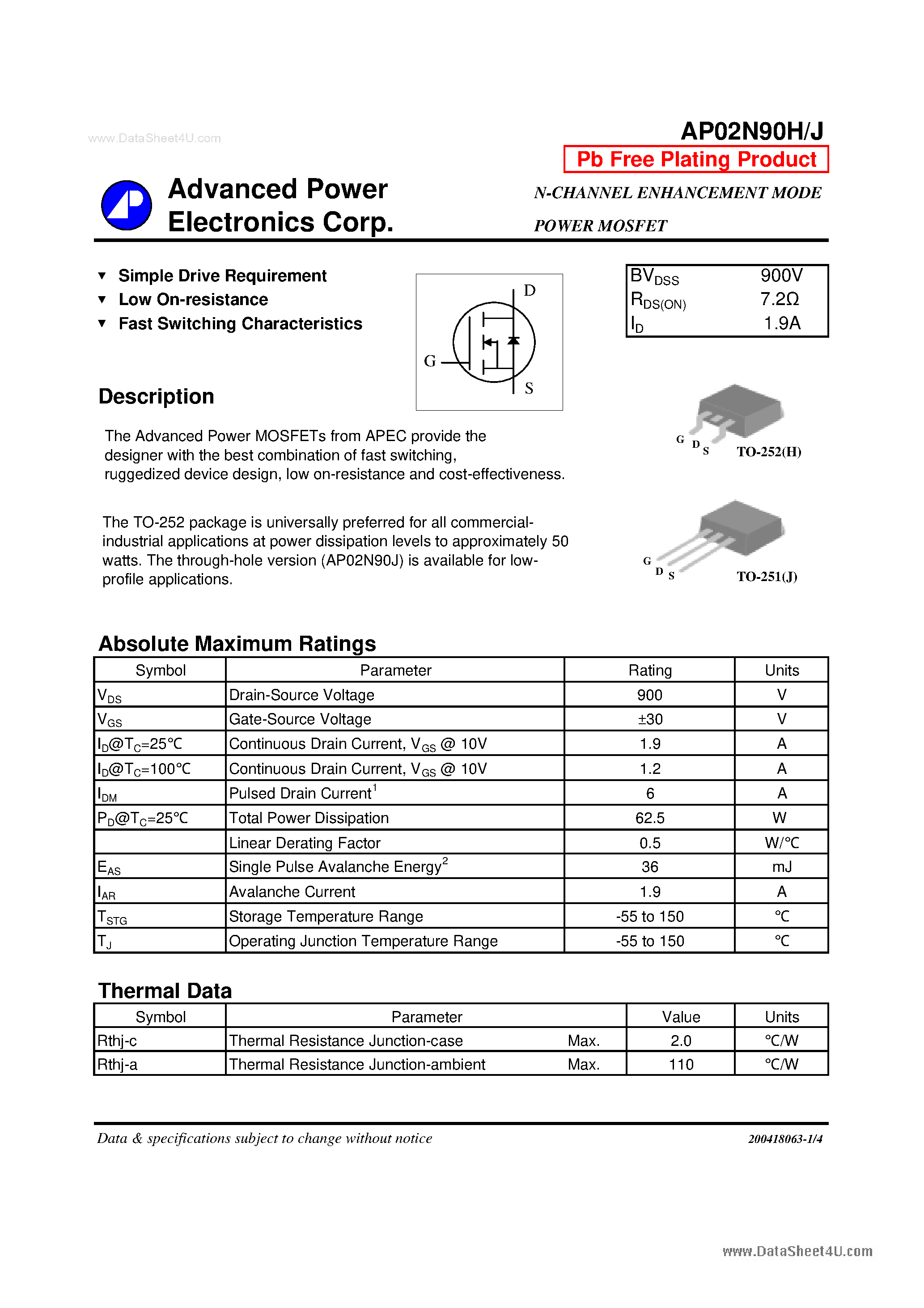 Datasheet AP02N90H - N-CHANNEL ENHANCEMENT MODE POWER MOSFET page 1