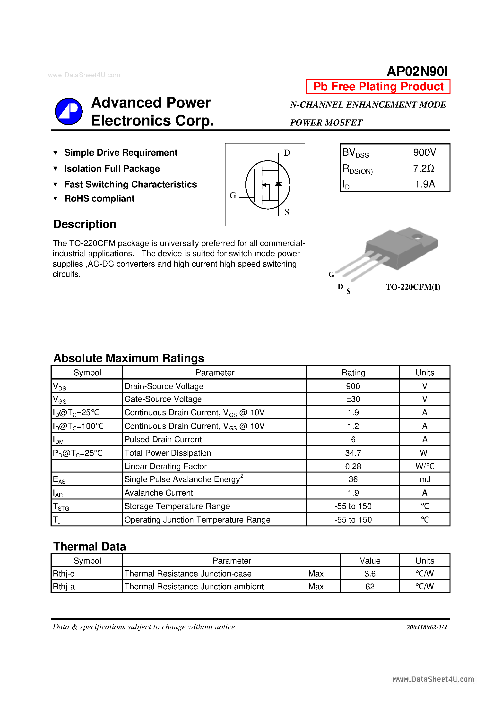 Datasheet AP02N90I - N-CHANNEL ENHANCEMENT MODE POWER MOSFET page 1