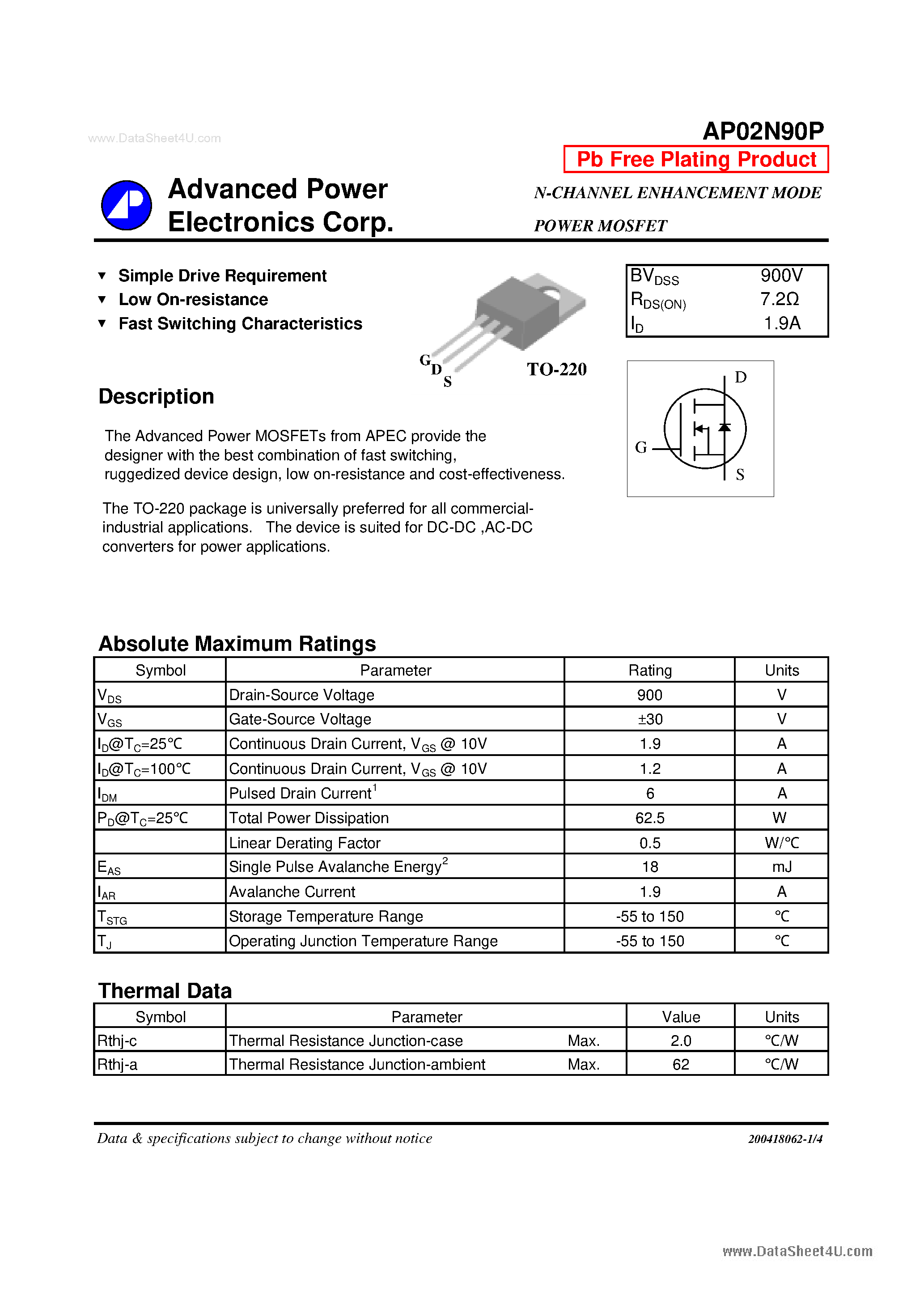 Datasheet AP02N90P - N-CHANNEL ENHANCEMENT MODE POWER MOSFET page 1