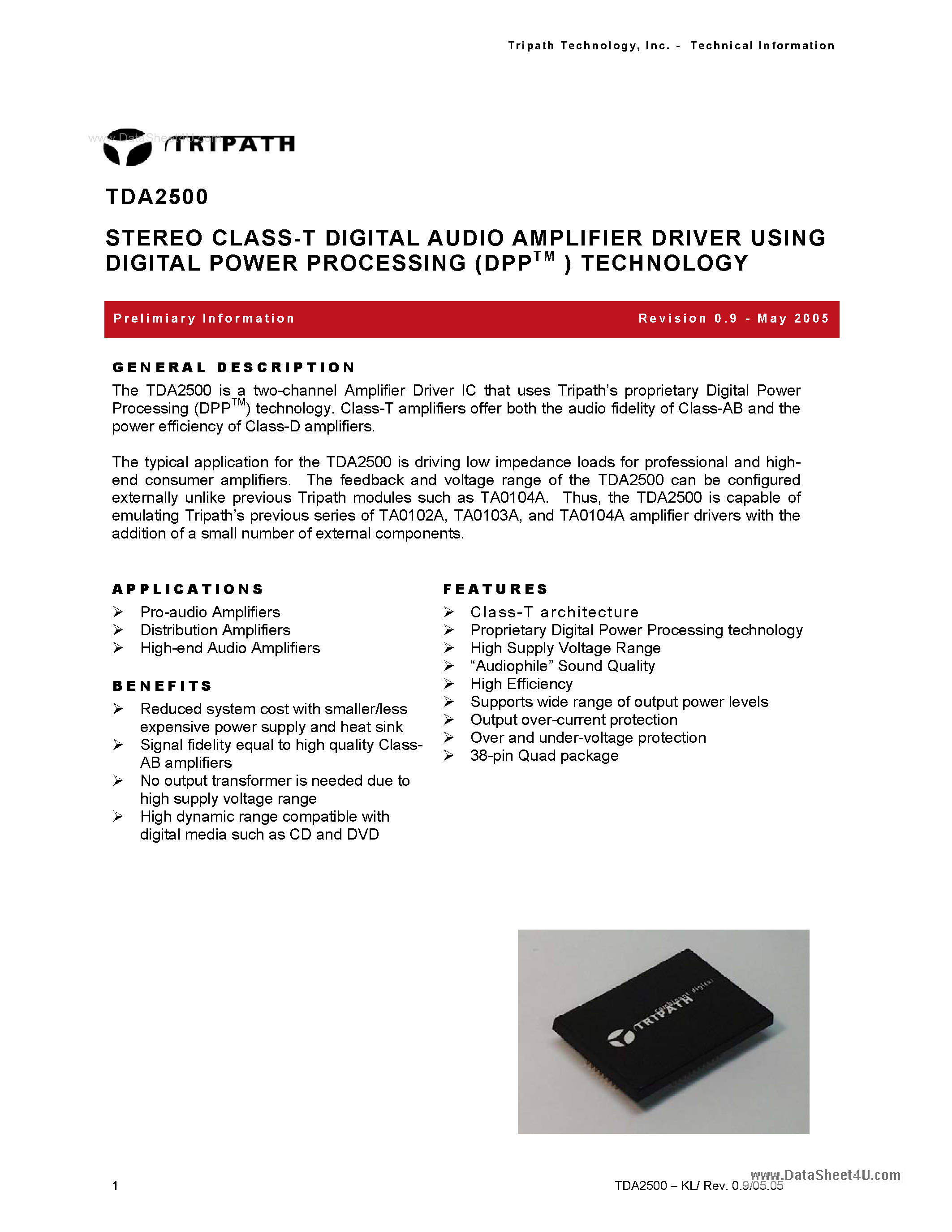 Datasheet TDA2500 - STEREO CLASS-T DIGITAL AUDIO AMPLIFIER DRIVER USING DIGITAL POWER PROCESSING (DPP) TECHNOLOGY page 1