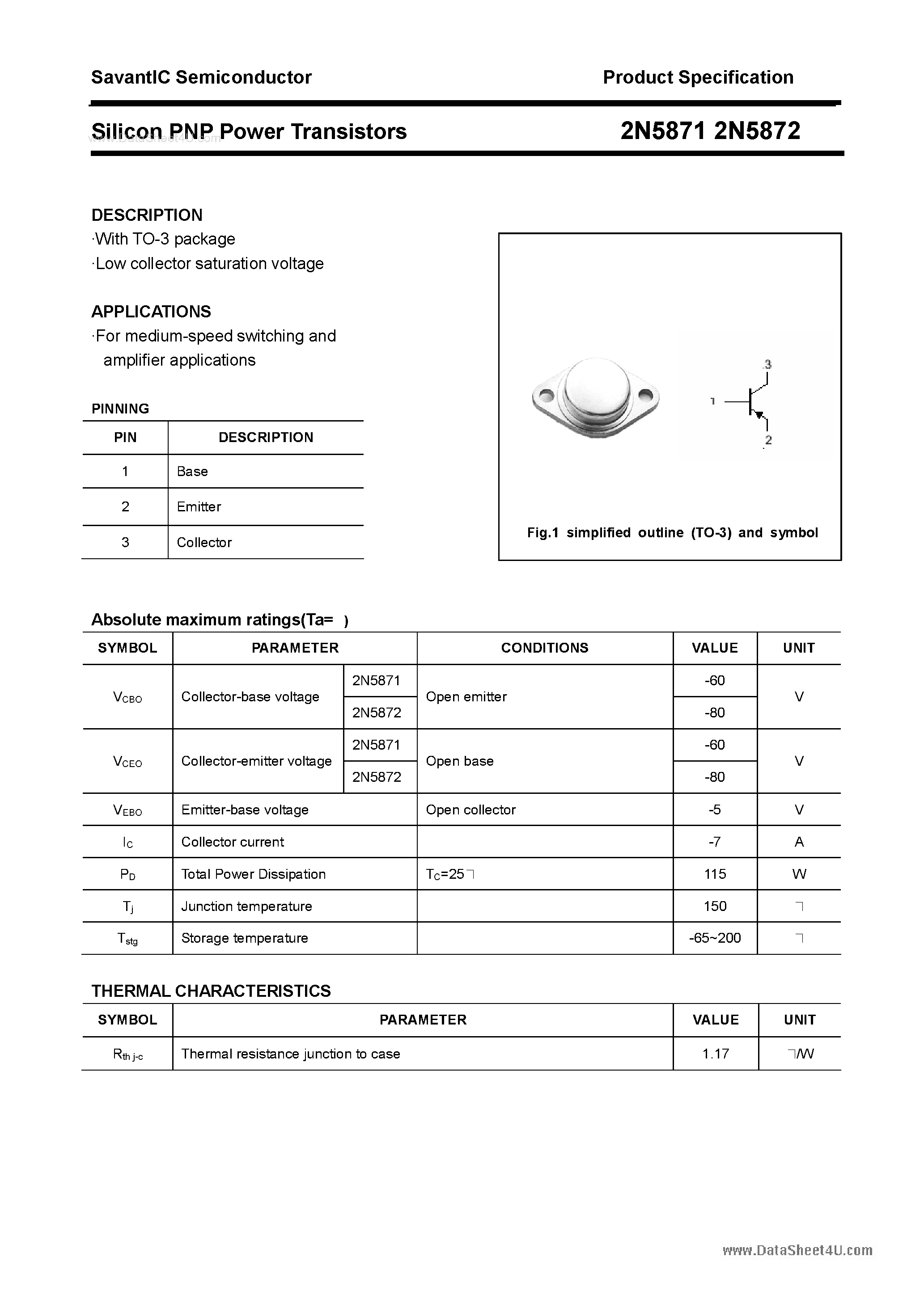 Datasheet 2N5871 - (2N5871 / 2N5872) Silicon PNP Power Transistor page 1