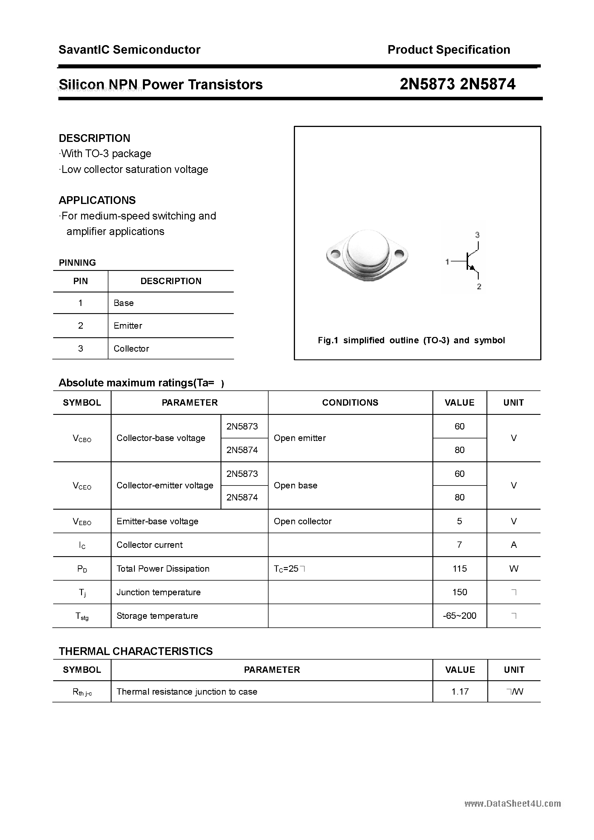 Datasheet 2N5873 - (2N5873 / 2N5874) Silicon NPN Power Transistor page 1