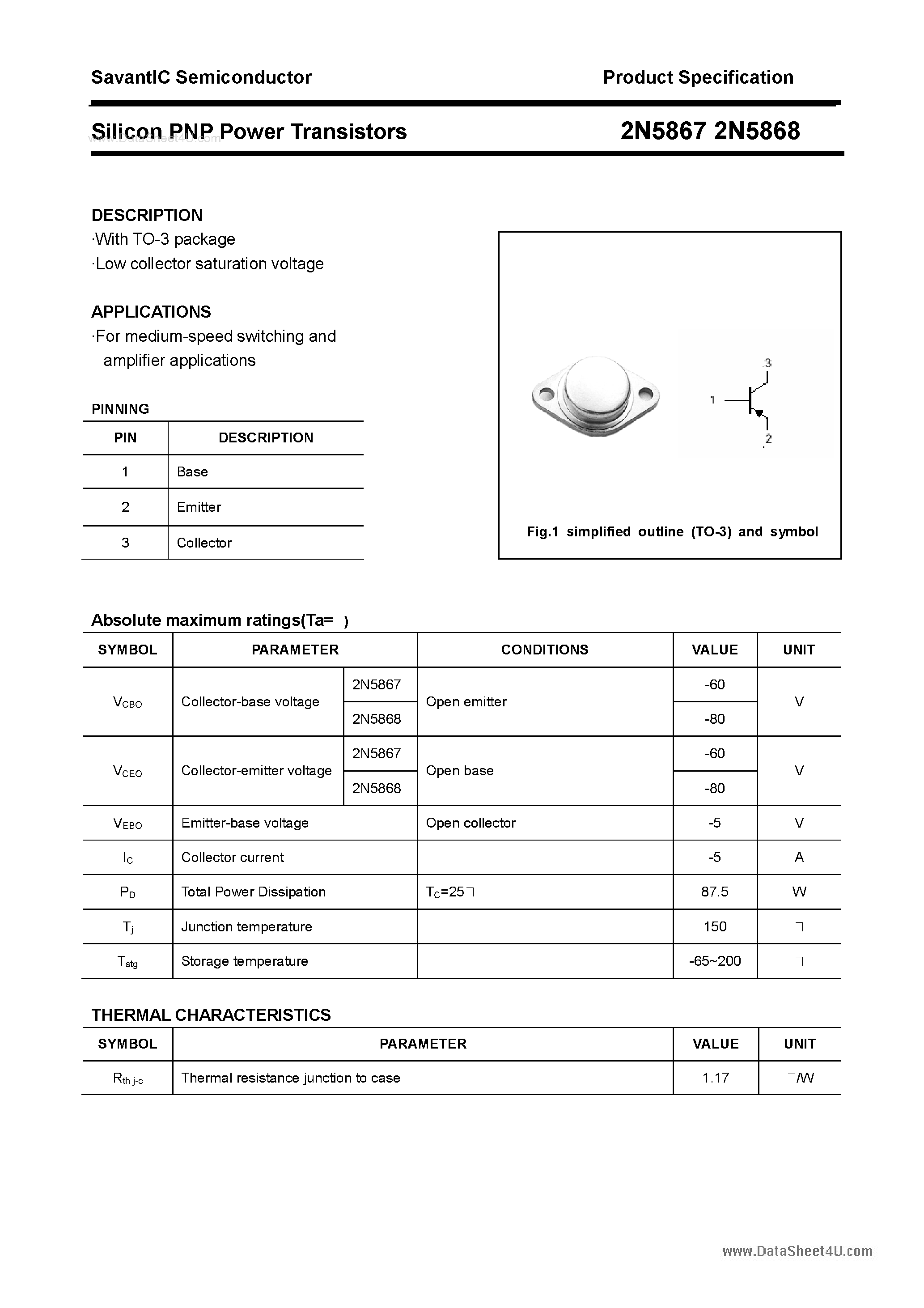 Datasheet 2N5867 - (2N5867 / 2N5868) Silicon PNP Power Transistor page 1