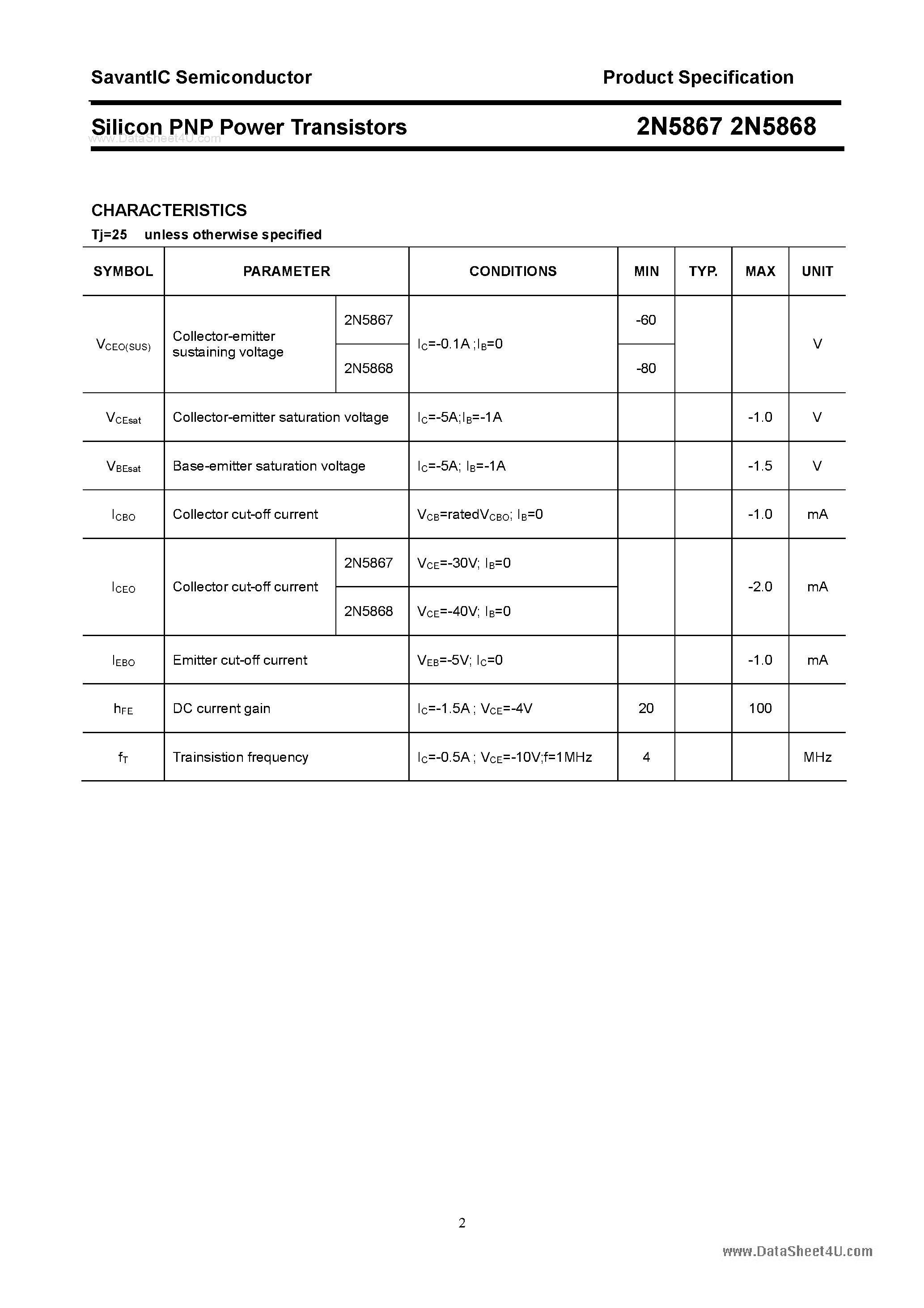 Datasheet 2N5867 - (2N5867 / 2N5868) Silicon PNP Power Transistor page 2