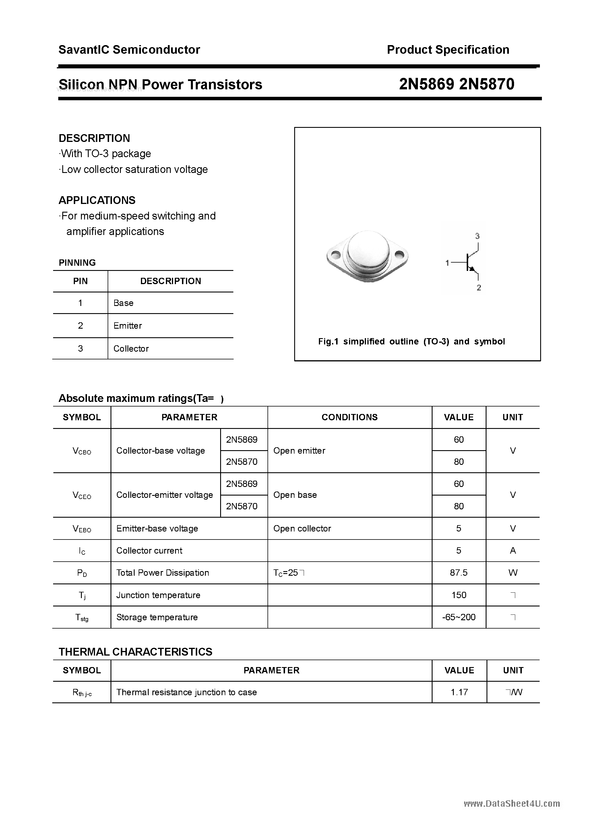 Datasheet 2N5870 - (2N5869 / 2N5870) Silicon NPN Power Transistor page 1