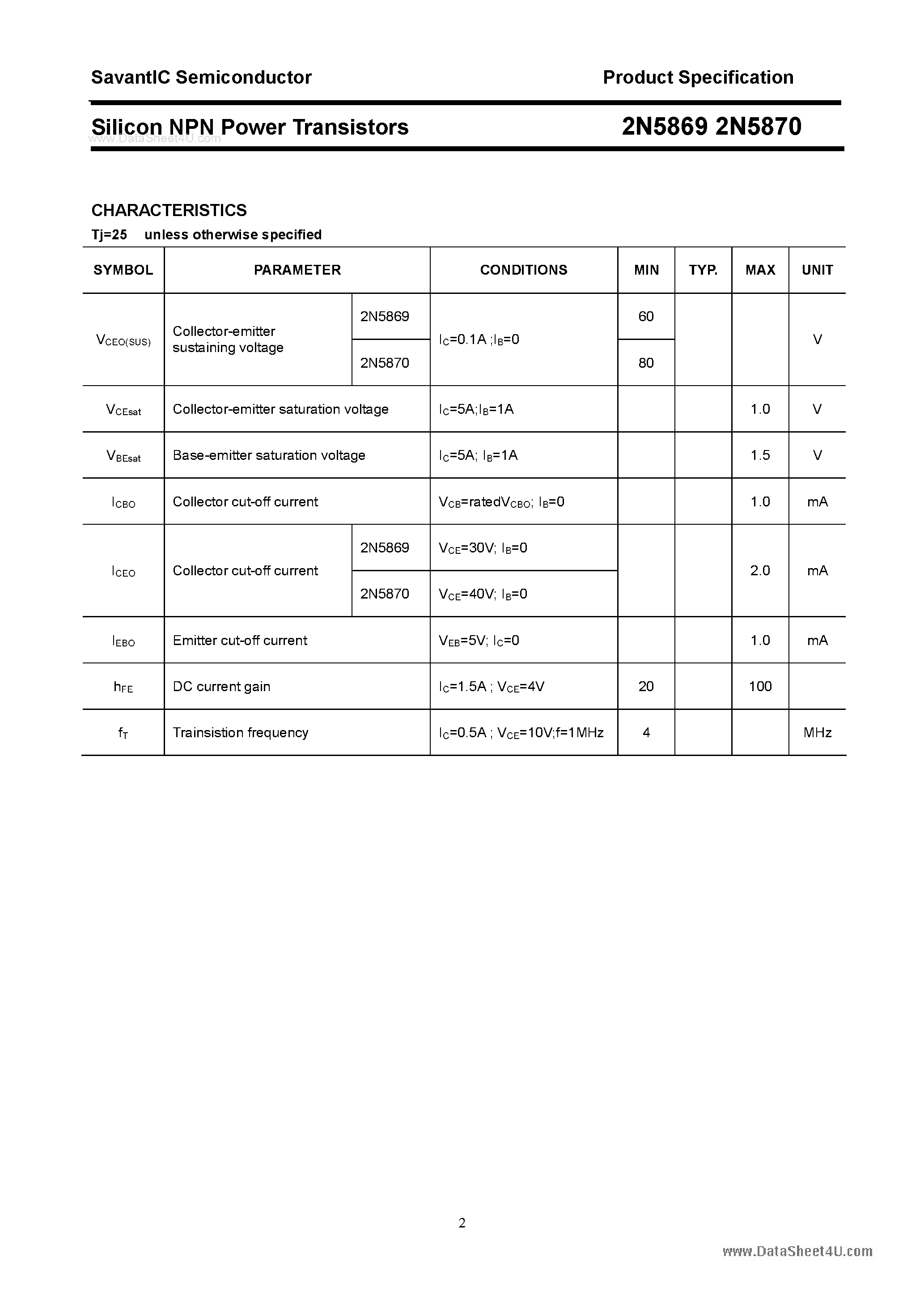 Datasheet 2N5870 - (2N5869 / 2N5870) Silicon NPN Power Transistor page 2