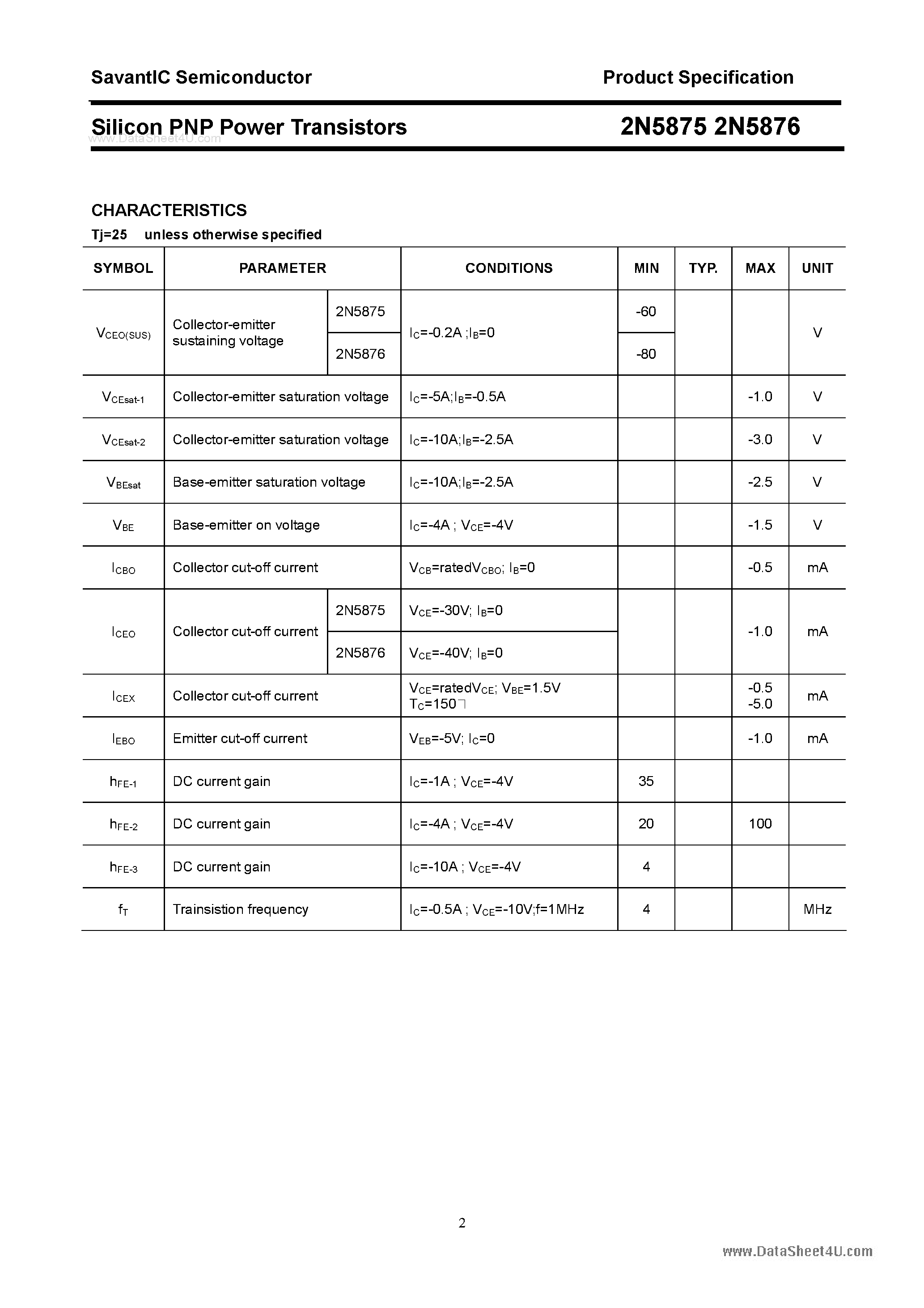Datasheet 2N5875 - (2N5875 / 2N5876) Silicon PNP Power Transistor page 2