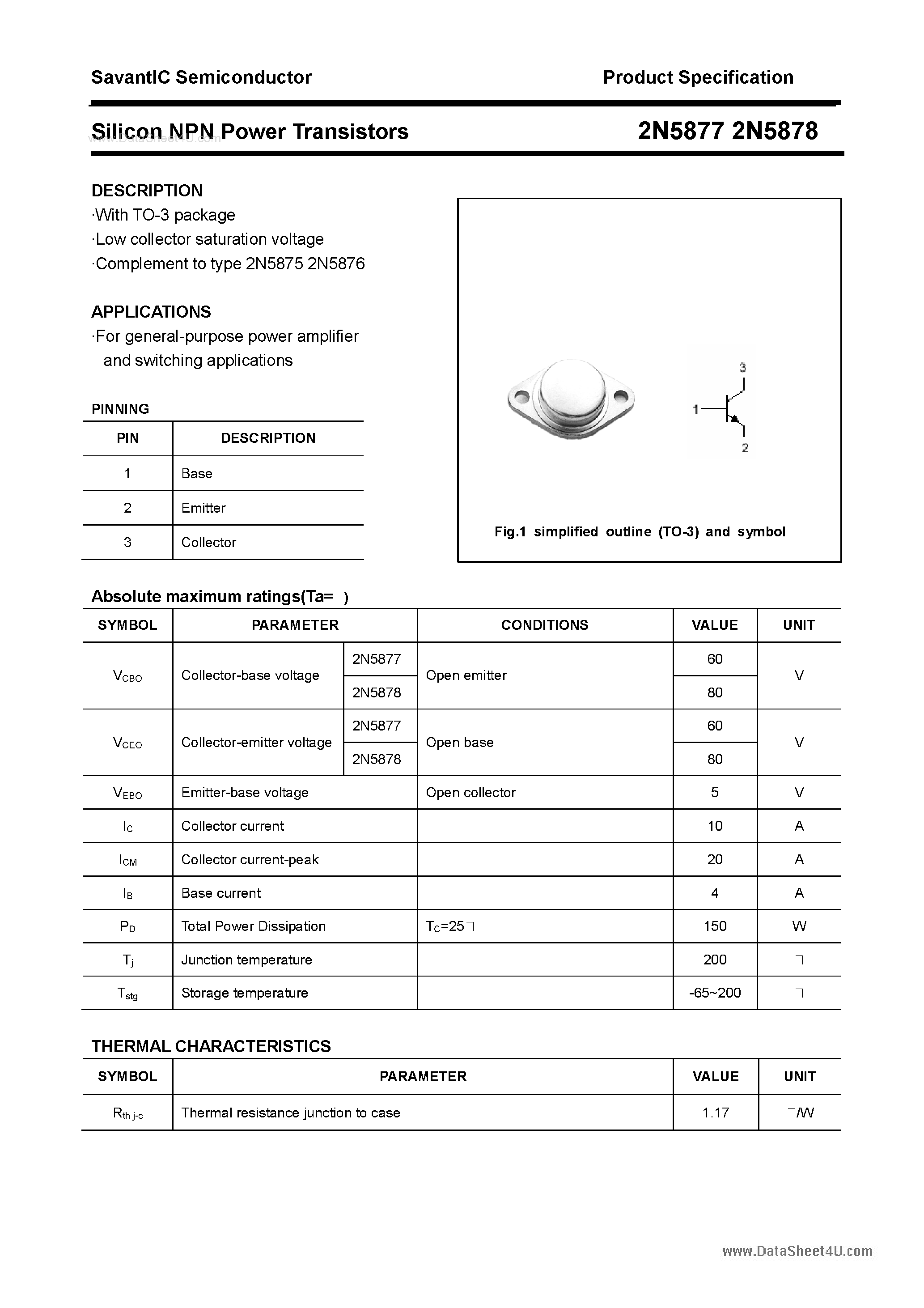 Datasheet 2N5877 - (2N5877 / 2N5878) Silicon NPN Power Transistor page 1